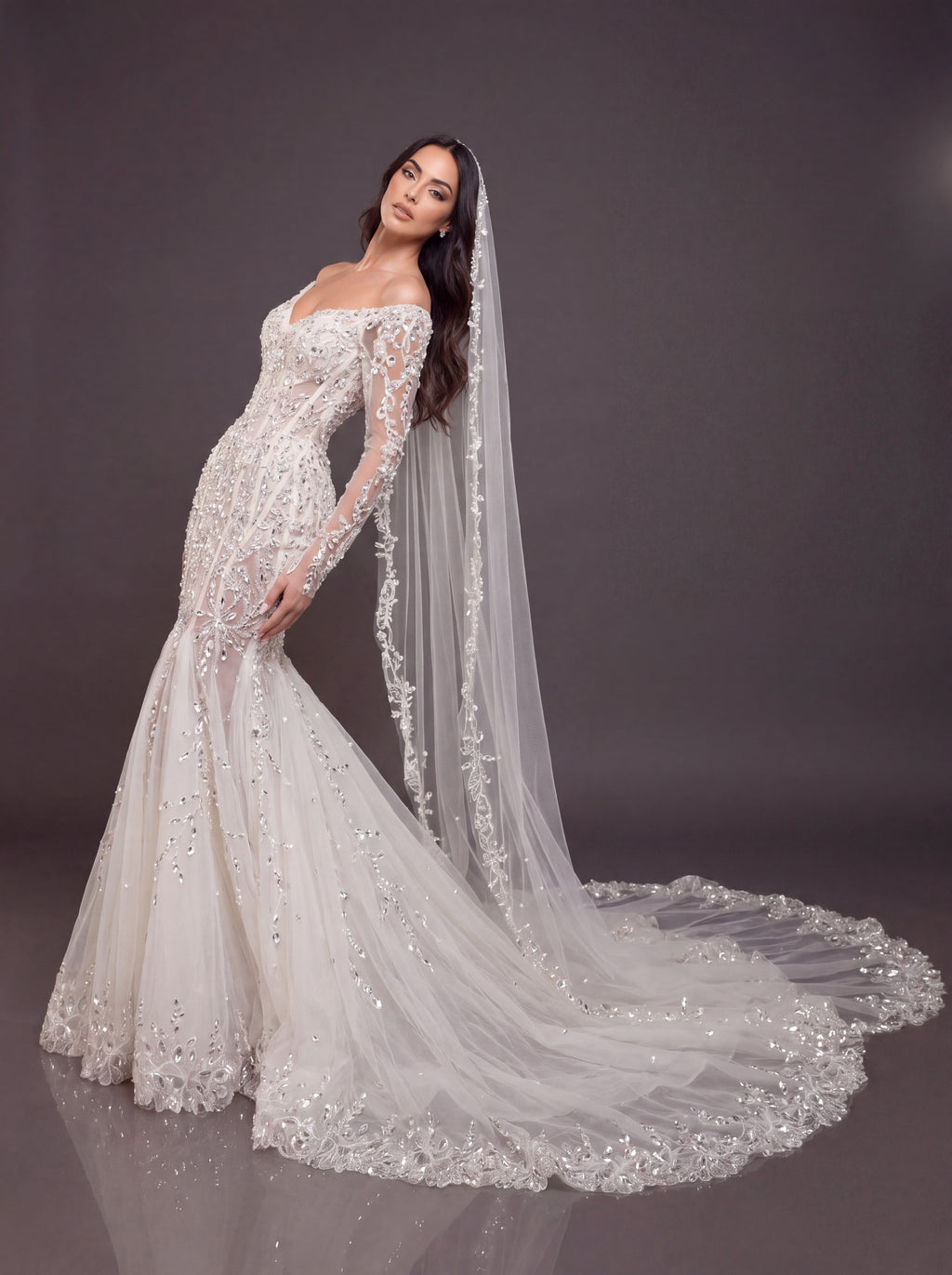 Ivory Crystal Embellished Mermaid Wedding Gown & Cathedral Veil – Off-Shoulder Corset Bridal Dress with Long Sleeves & Cathedral Veil