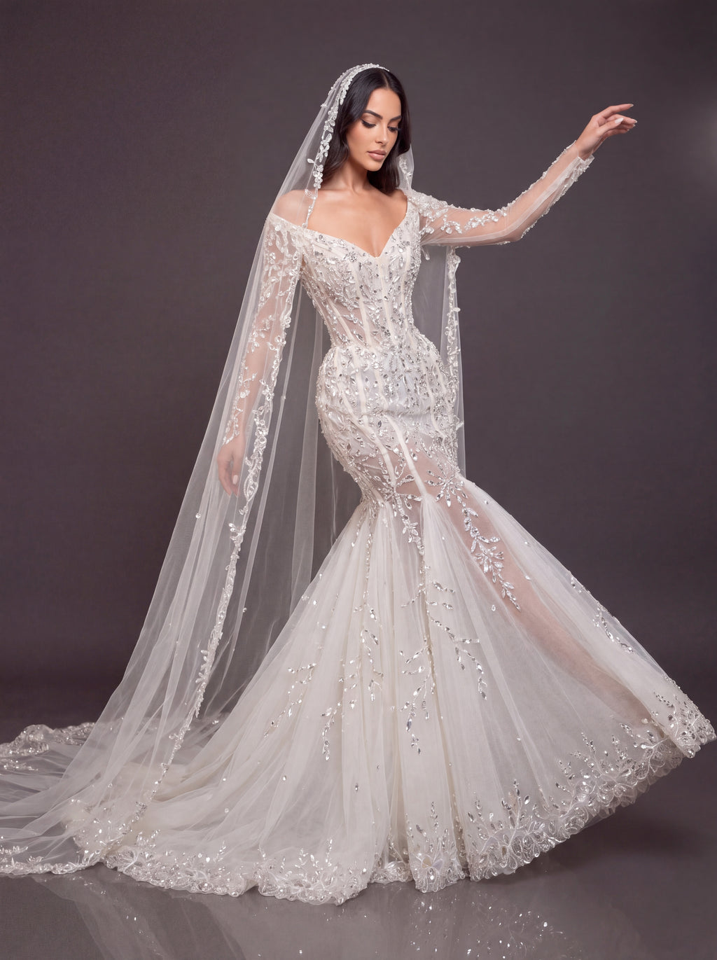 Ivory Crystal Embellished Mermaid Wedding Gown & Cathedral Veil – Off-Shoulder Corset Bridal Dress with Long Sleeves & Cathedral Veil