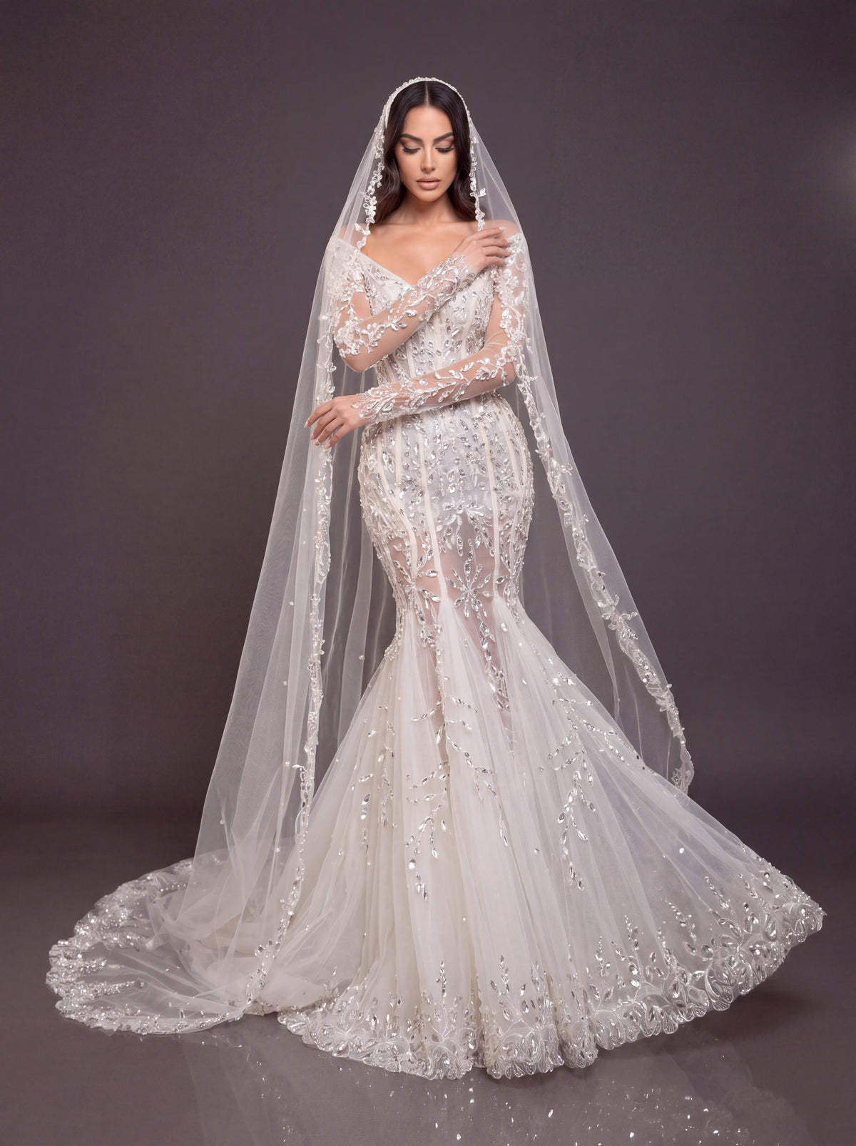 Ivory Crystal Embellished Mermaid Wedding Gown & Cathedral Veil – Off-Shoulder Corset Bridal Dress with Long Sleeves & Cathedral Veil