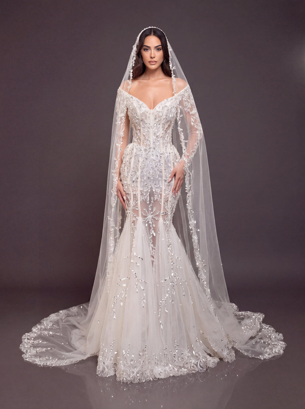Ivory Crystal Embellished Mermaid Wedding Gown & Cathedral Veil – Off-Shoulder Corset Bridal Dress with Long Sleeves & Cathedral Veil