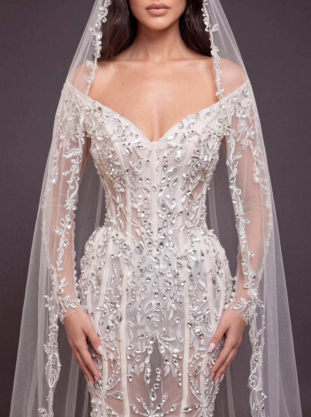Ivory Crystal Embellished Mermaid Wedding Gown & Cathedral Veil – Off-Shoulder Corset Bridal Dress with Long Sleeves & Cathedral Veil