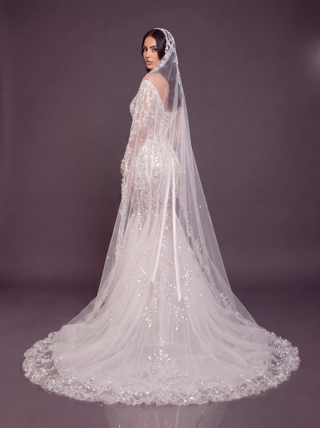 Ivory Crystal Embellished Mermaid Wedding Gown & Cathedral Veil – Off-Shoulder Corset Bridal Dress with Long Sleeves & Cathedral Veil