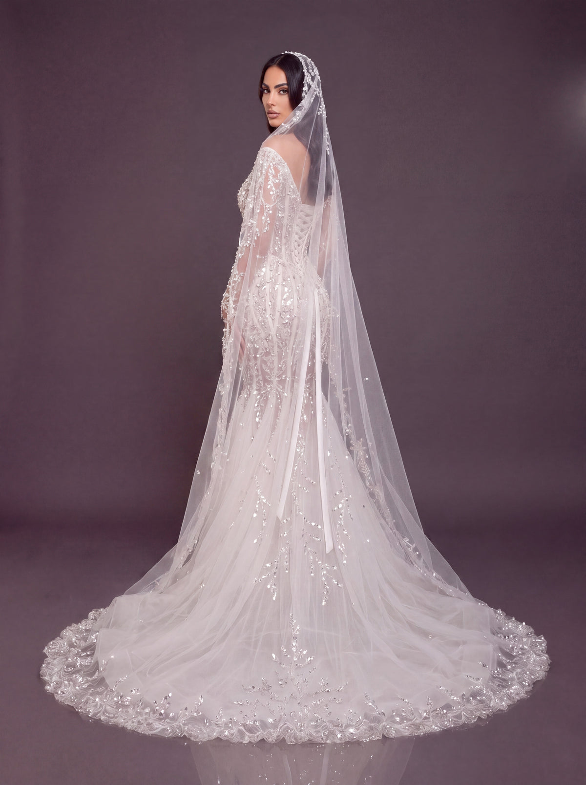 Ivory Crystal Embellished Mermaid Wedding Gown & Cathedral Veil – Off-Shoulder Corset Bridal Dress with Long Sleeves & Cathedral Veil