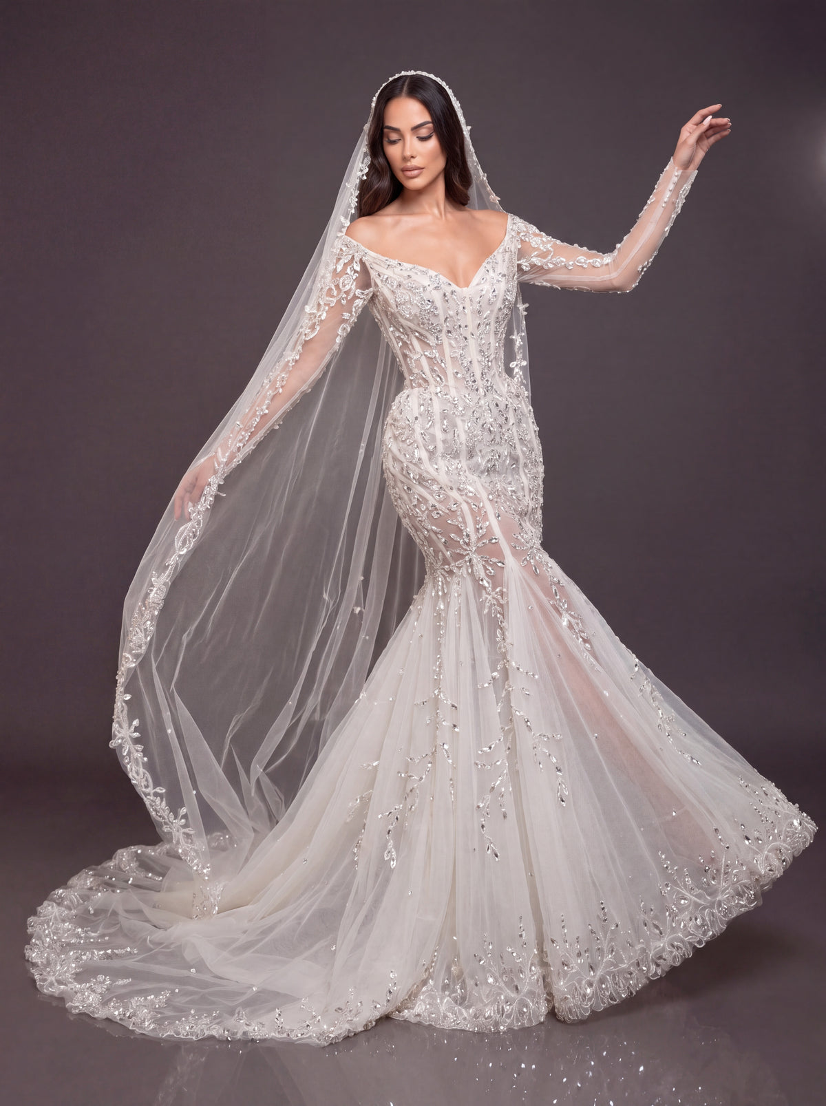 Ivory Crystal Embellished Mermaid Wedding Gown & Cathedral Veil – Off-Shoulder Corset Bridal Dress with Long Sleeves & Cathedral Veil