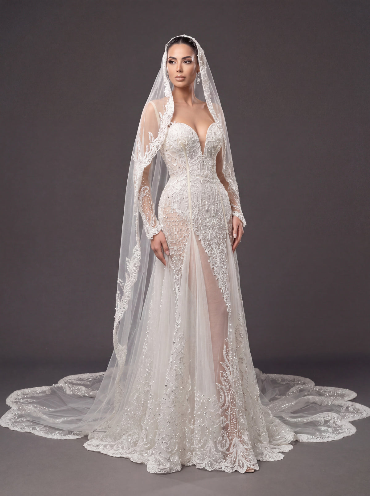 Ivory Lace & Crystal Mermaid Wedding Gown & Cathedral Veil – Plunging Corset Bridal Dress with Illusion Sleeves & Cathedral Veil