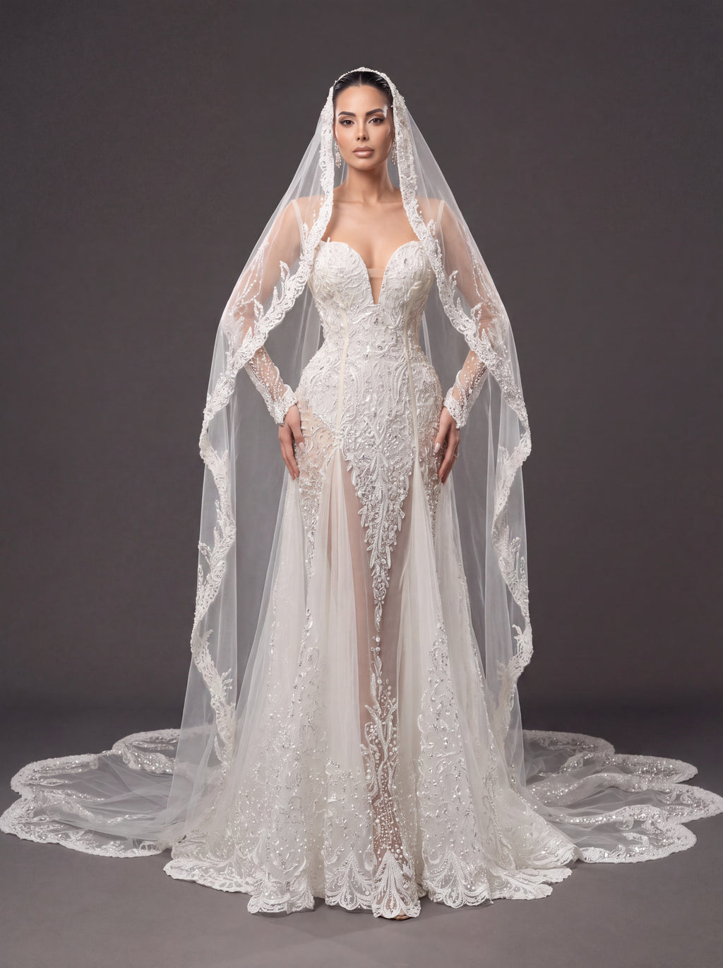 Ivory Lace & Crystal Mermaid Wedding Gown & Cathedral Veil – Plunging Corset Bridal Dress with Illusion Sleeves & Cathedral Veil