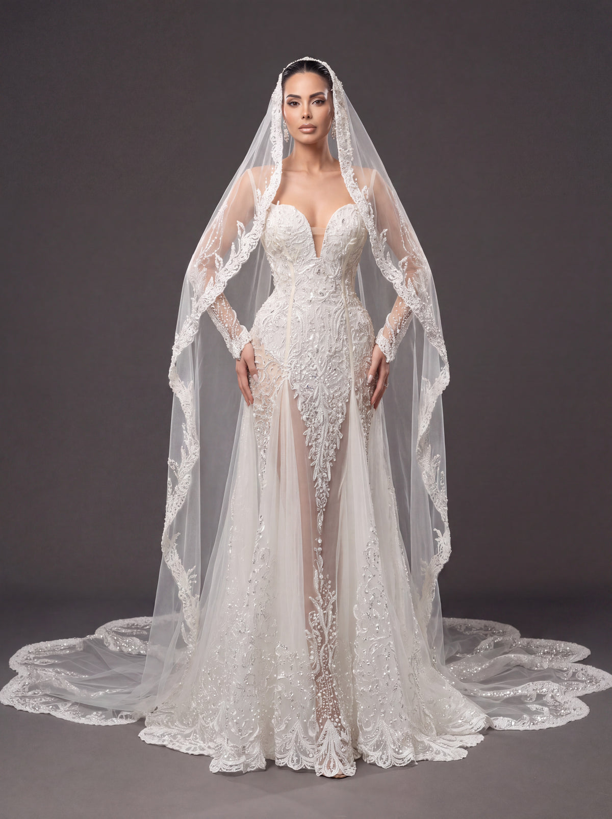 Ivory Lace & Crystal Mermaid Wedding Gown & Cathedral Veil – Plunging Corset Bridal Dress with Illusion Sleeves & Cathedral Veil