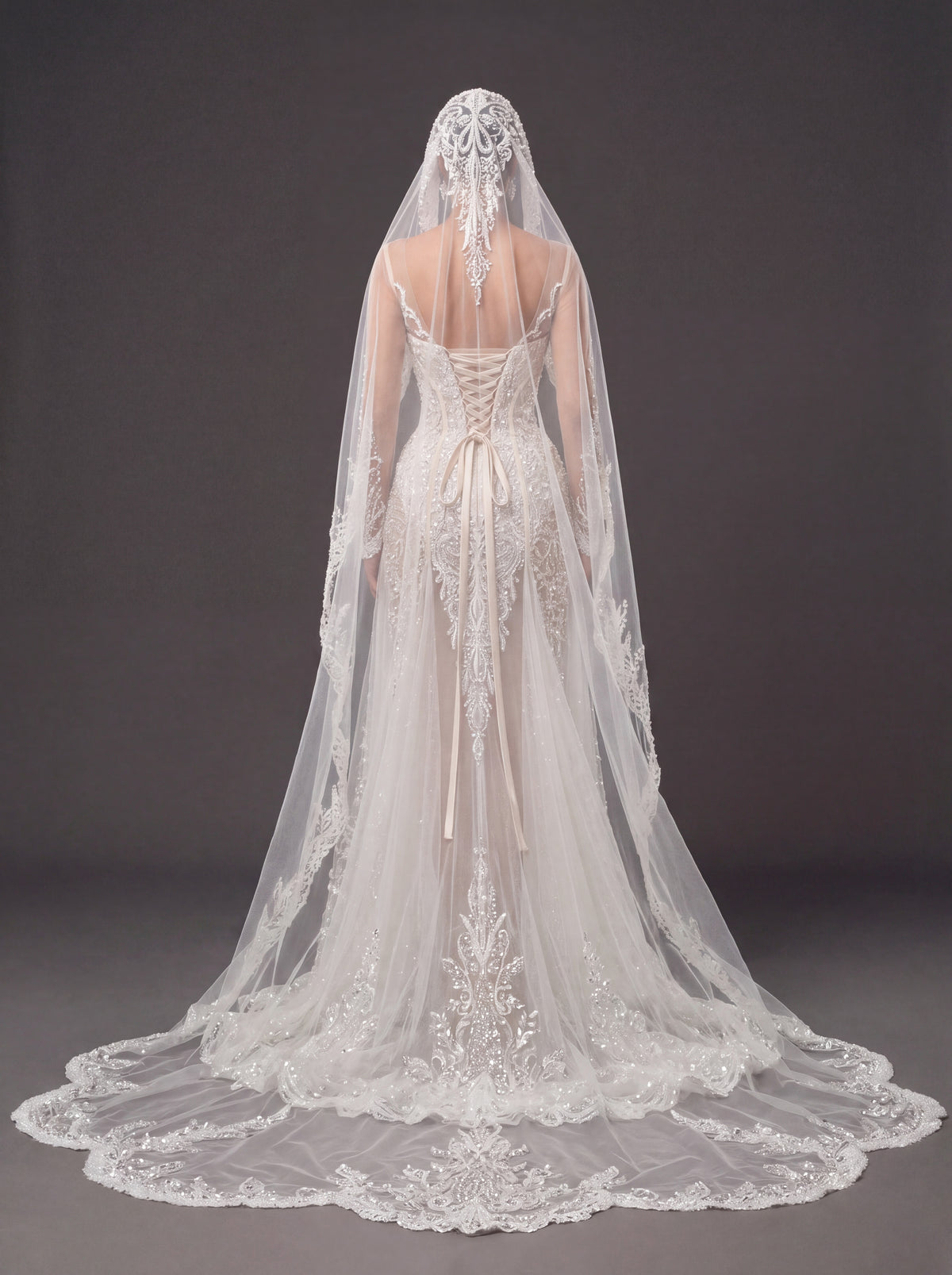 Ivory Lace & Crystal Mermaid Wedding Gown & Cathedral Veil – Plunging Corset Bridal Dress with Illusion Sleeves & Cathedral Veil