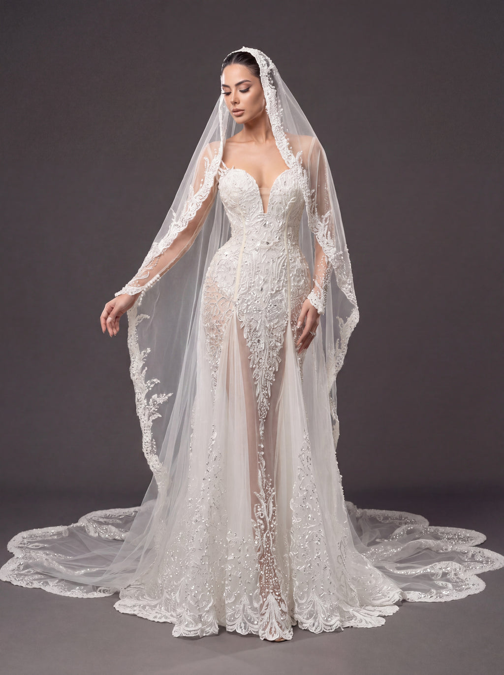 Ivory Lace & Crystal Mermaid Wedding Gown & Cathedral Veil – Plunging Corset Bridal Dress with Illusion Sleeves & Cathedral Veil