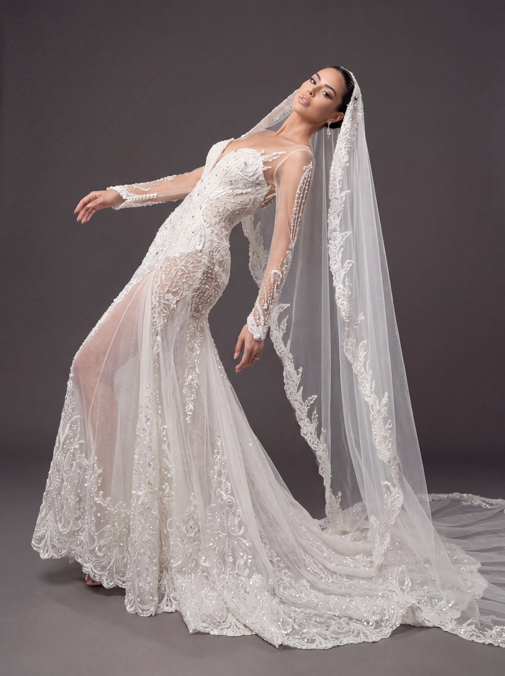 Ivory Lace & Crystal Mermaid Wedding Gown & Cathedral Veil – Plunging Corset Bridal Dress with Illusion Sleeves & Cathedral Veil