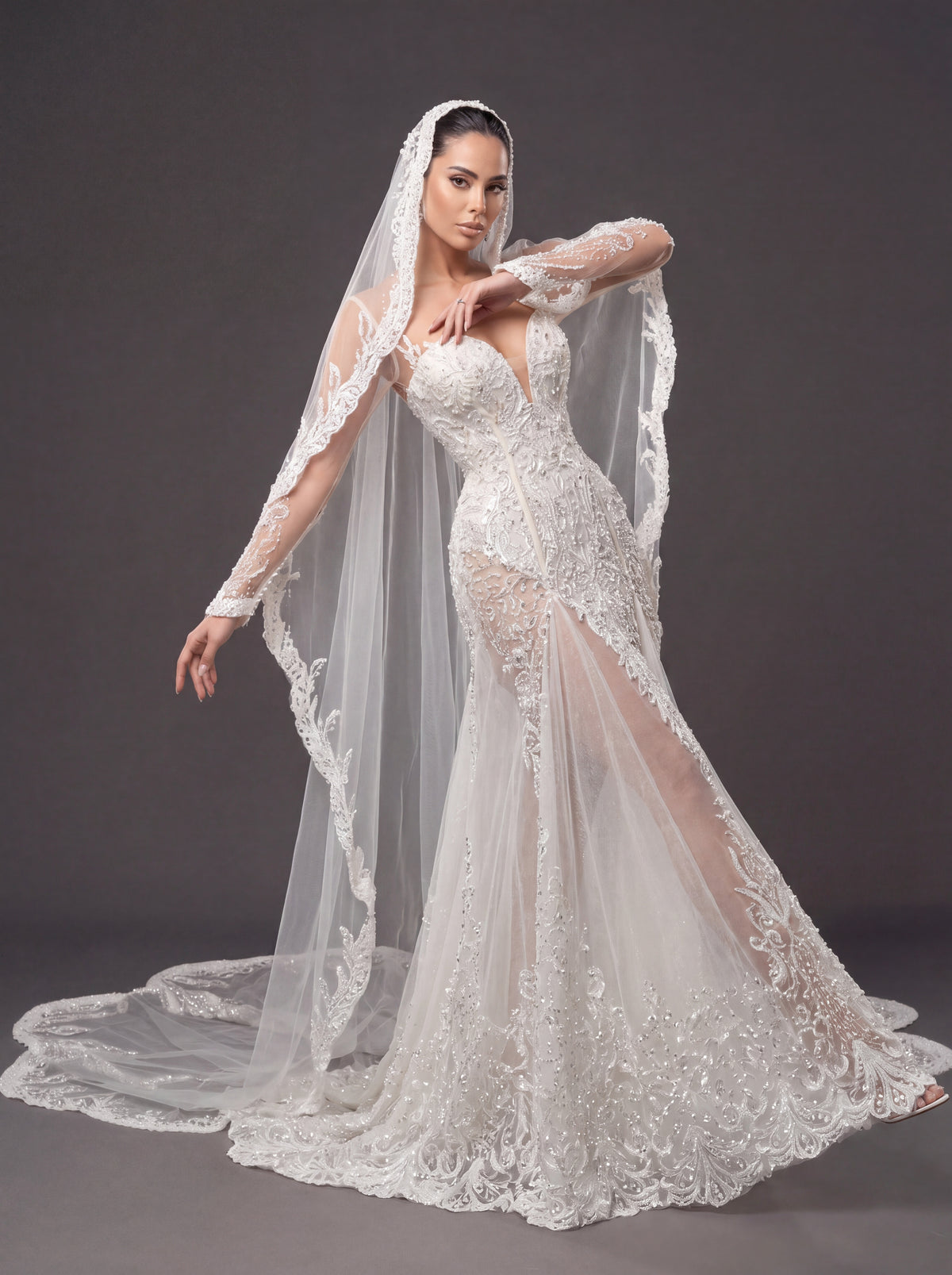 Ivory Lace & Crystal Mermaid Wedding Gown & Cathedral Veil – Plunging Corset Bridal Dress with Illusion Sleeves & Cathedral Veil