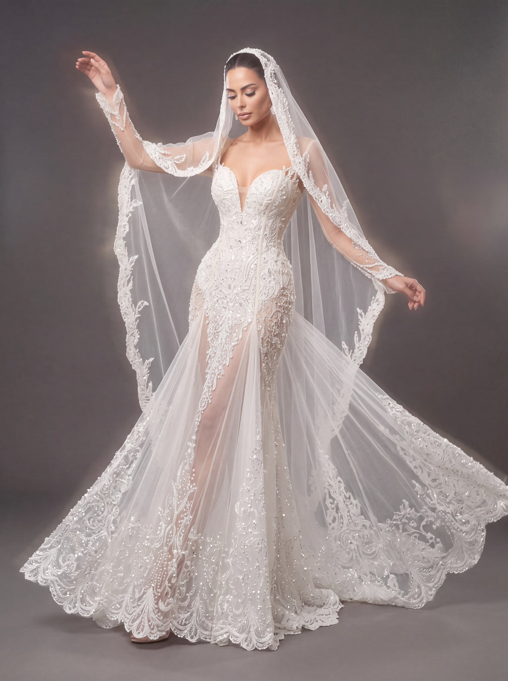 Ivory Lace & Crystal Mermaid Wedding Gown & Cathedral Veil – Plunging Corset Bridal Dress with Illusion Sleeves & Cathedral Veil