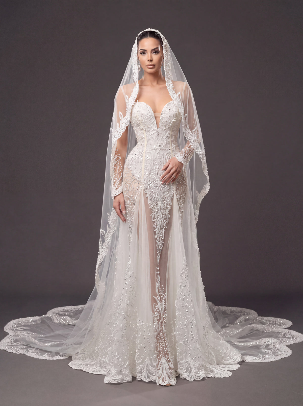Ivory Lace & Crystal Mermaid Wedding Gown & Cathedral Veil – Plunging Corset Bridal Dress with Illusion Sleeves & Cathedral Veil