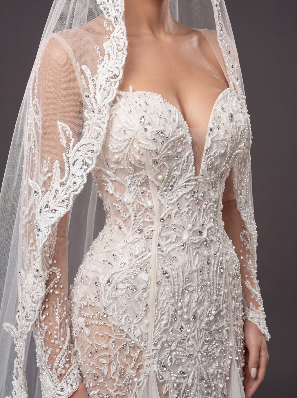 Ivory Lace & Crystal Mermaid Wedding Gown & Cathedral Veil – Plunging Corset Bridal Dress with Illusion Sleeves & Cathedral Veil