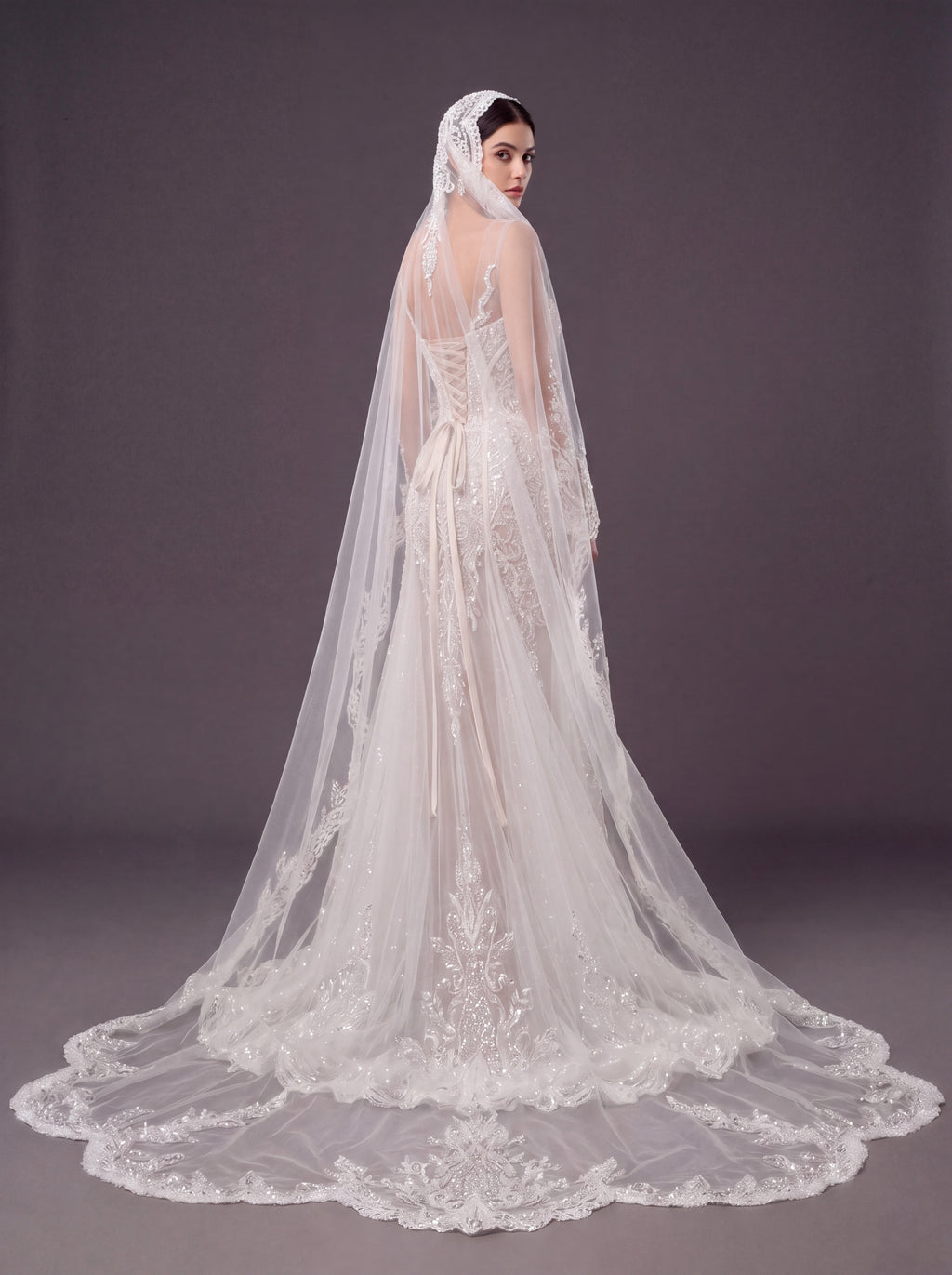 Ivory Lace & Crystal Mermaid Wedding Gown & Cathedral Veil – Plunging Corset Bridal Dress with Illusion Sleeves & Cathedral Veil
