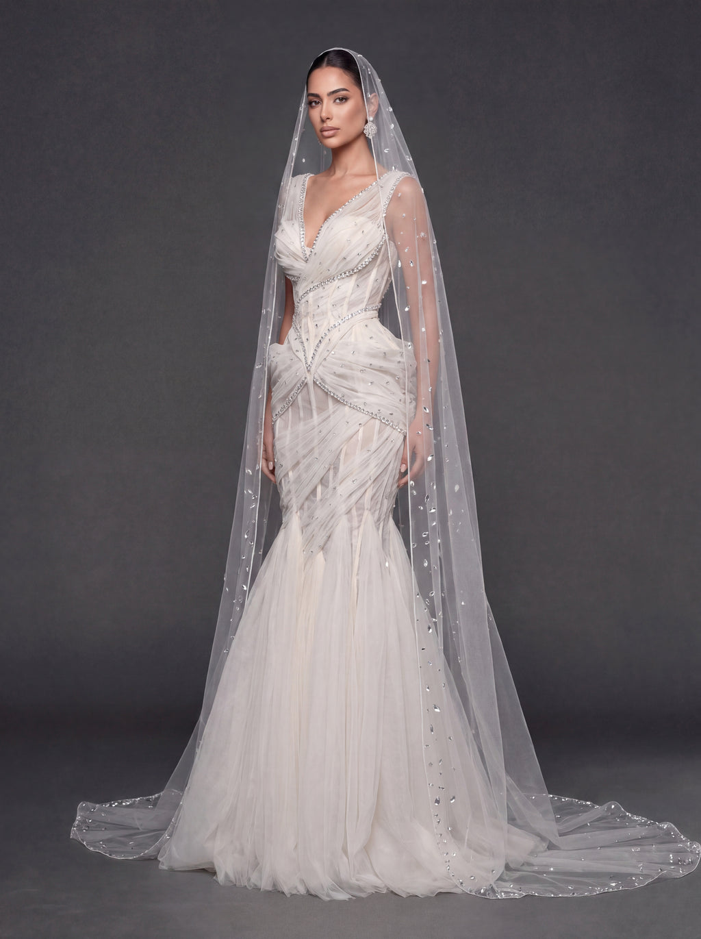 Ivory Draped Tulle Mermaid Wedding Gown & Cathedral Veil – Crystal Corset Bridal Dress with Deep V-Neckline & Cathedral Veil
