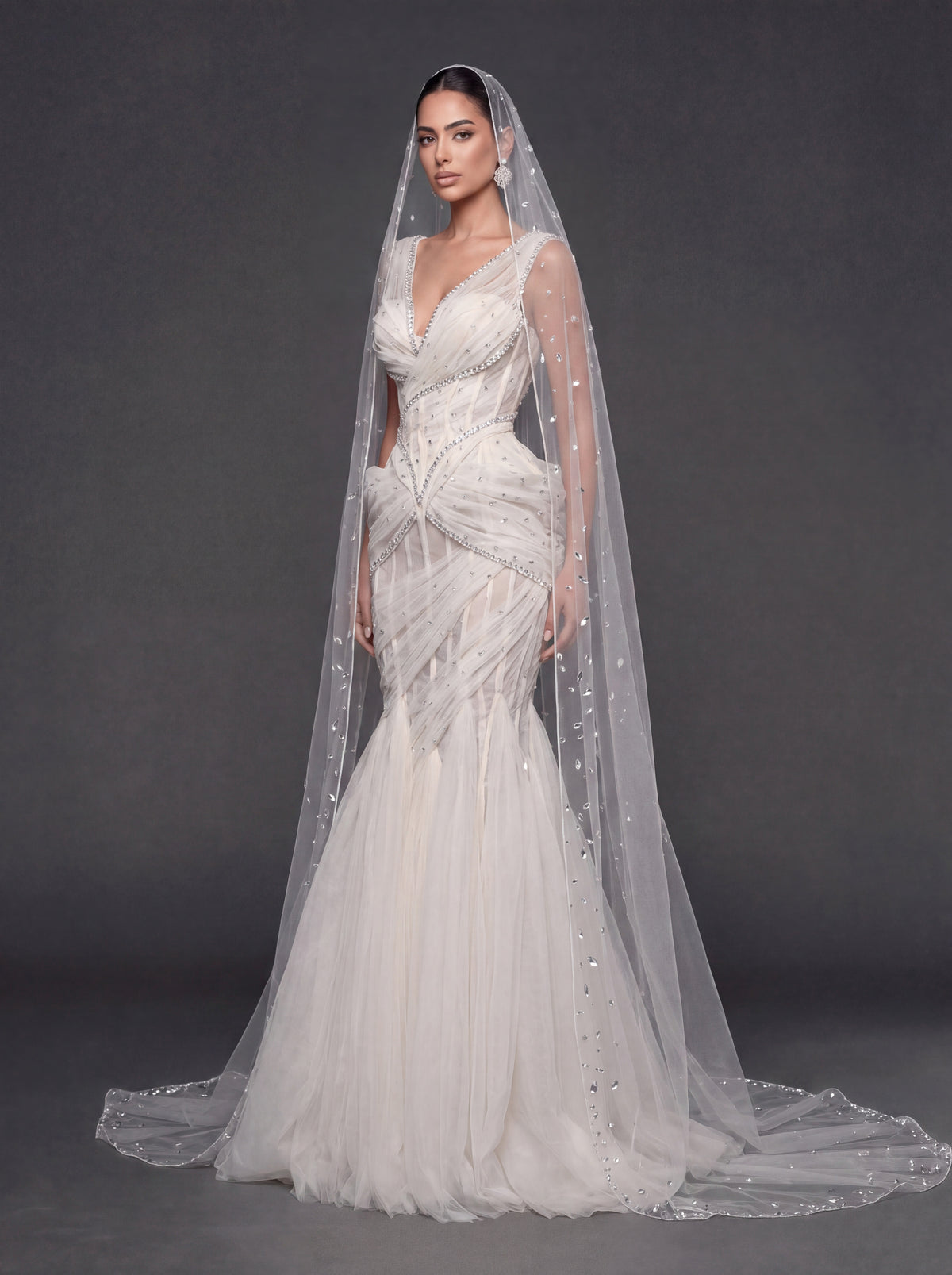 Ivory Draped Tulle Mermaid Wedding Gown & Cathedral Veil – Crystal Corset Bridal Dress with Deep V-Neckline & Cathedral Veil