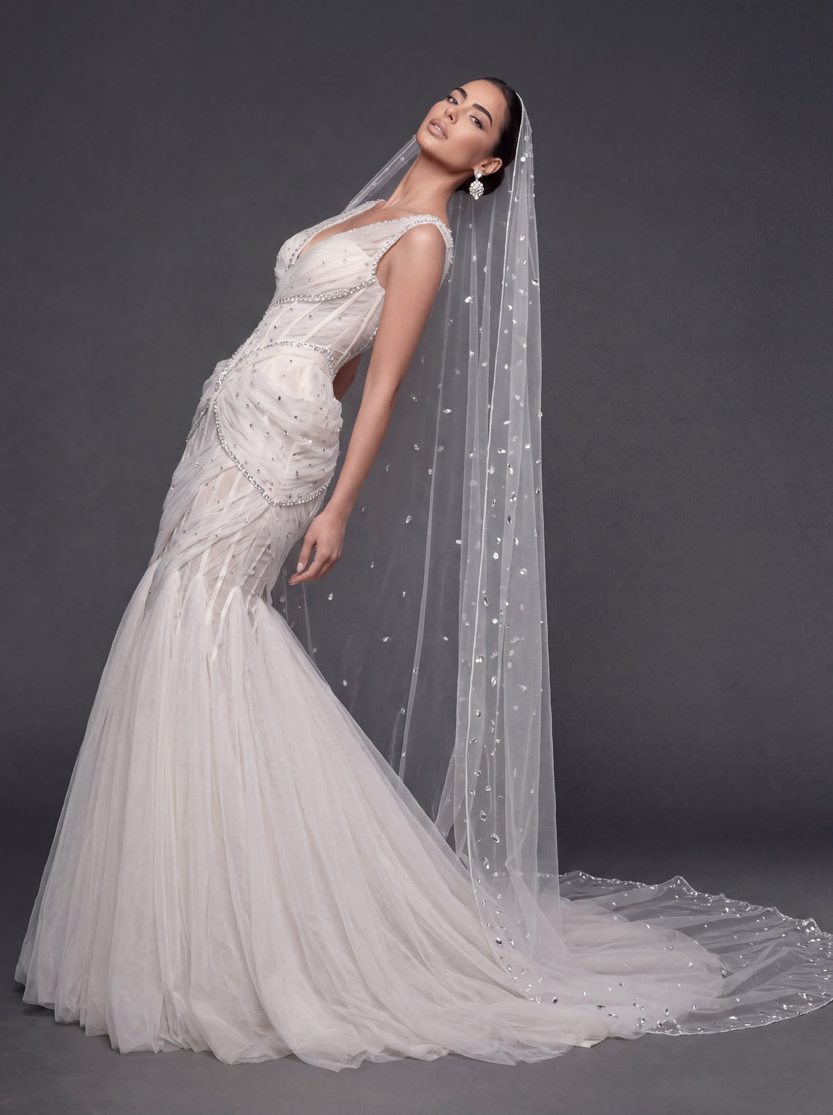 Ivory Draped Tulle Mermaid Wedding Gown & Cathedral Veil – Crystal Corset Bridal Dress with Deep V-Neckline & Cathedral Veil