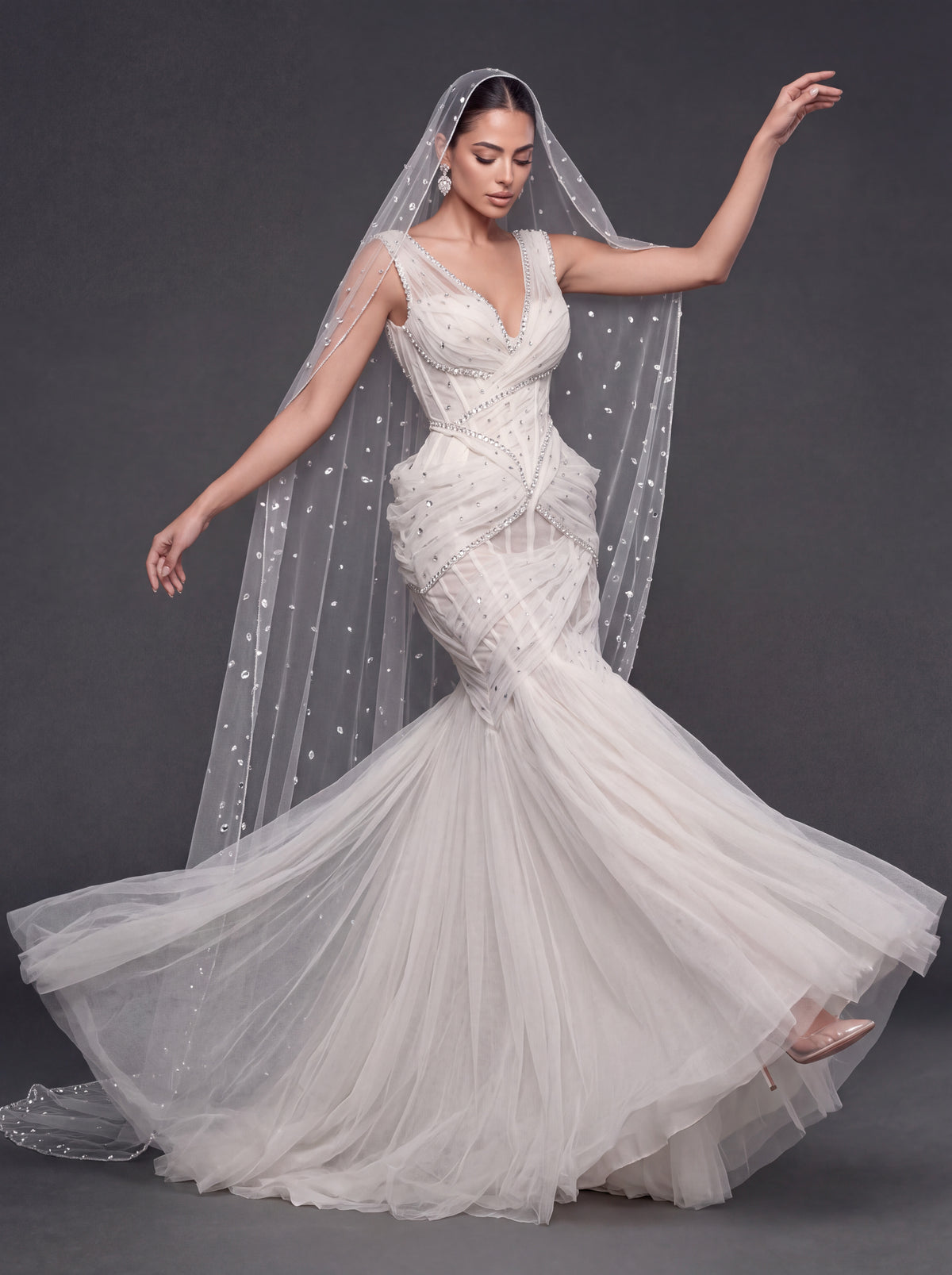 Ivory Draped Tulle Mermaid Wedding Gown & Cathedral Veil – Crystal Corset Bridal Dress with Deep V-Neckline & Cathedral Veil