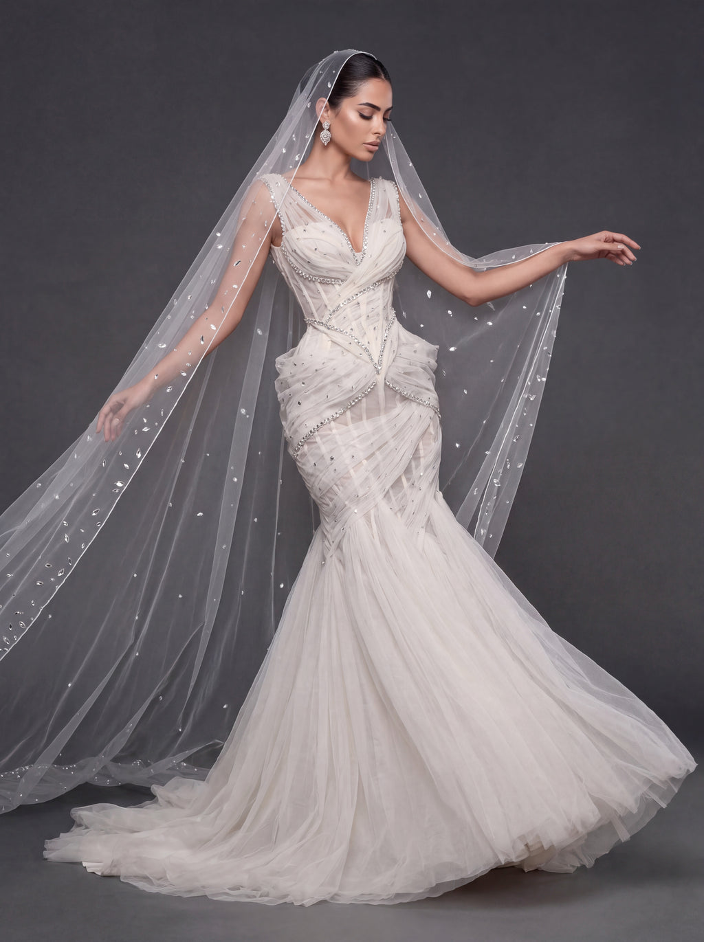 Ivory Draped Tulle Mermaid Wedding Gown & Cathedral Veil – Crystal Corset Bridal Dress with Deep V-Neckline & Cathedral Veil