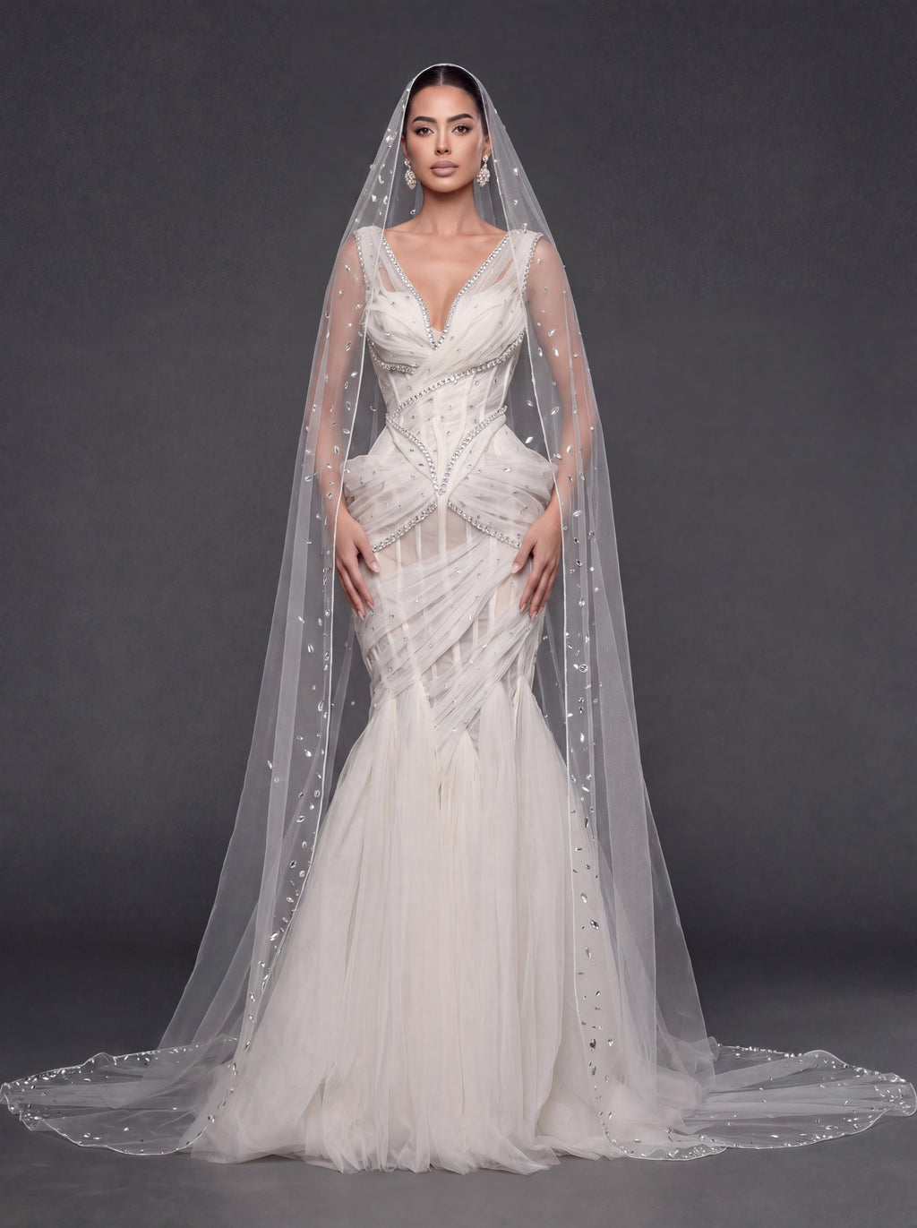 Ivory Draped Tulle Mermaid Wedding Gown & Cathedral Veil – Crystal Corset Bridal Dress with Deep V-Neckline & Cathedral Veil