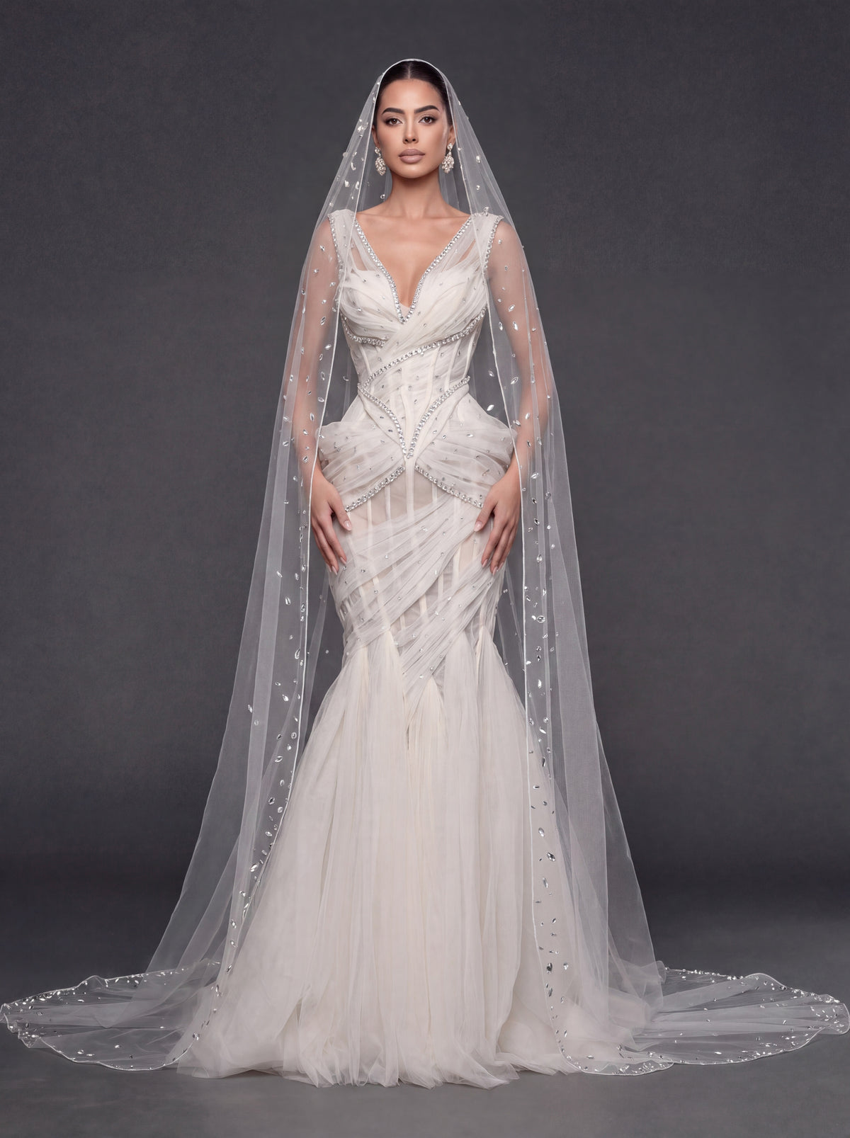 Ivory Draped Tulle Mermaid Wedding Gown & Cathedral Veil – Crystal Corset Bridal Dress with Deep V-Neckline & Cathedral Veil