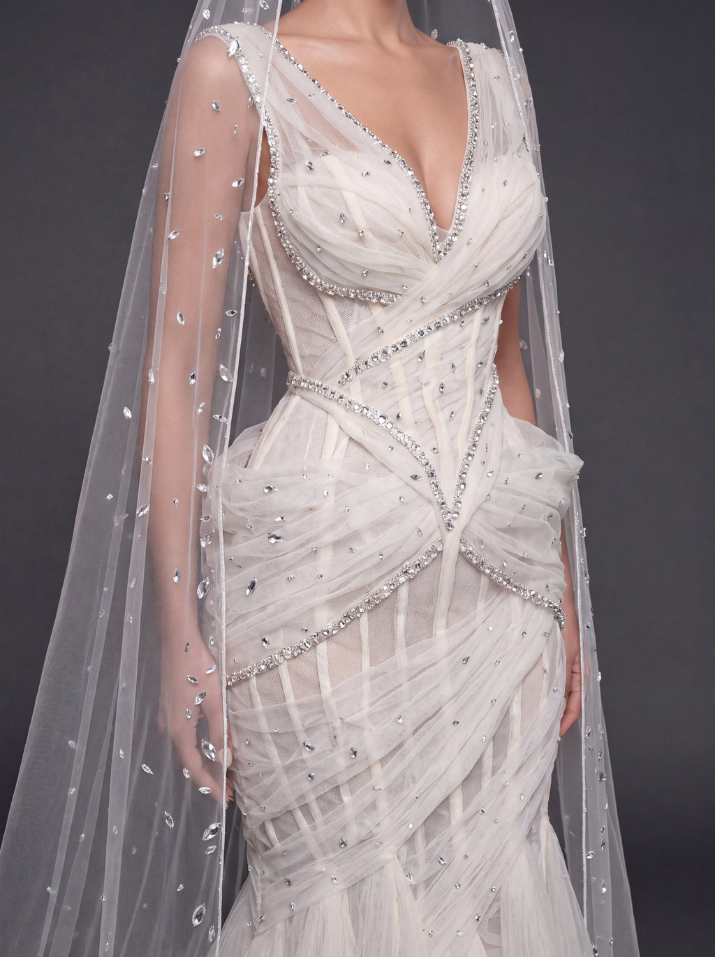 Ivory Draped Tulle Mermaid Wedding Gown & Cathedral Veil – Crystal Corset Bridal Dress with Deep V-Neckline & Cathedral Veil
