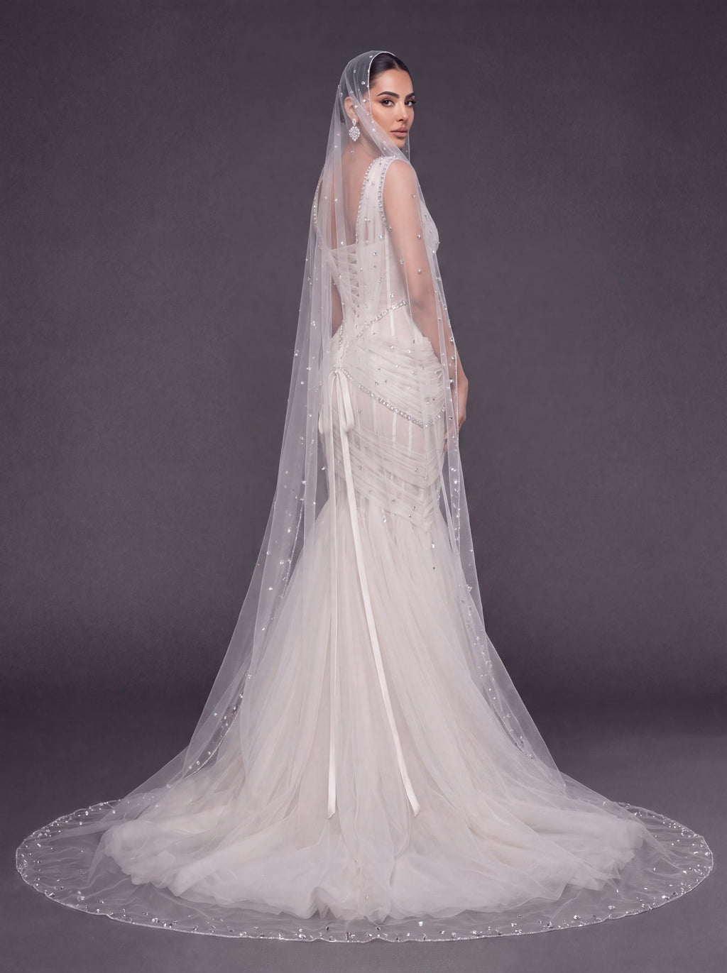 Ivory Draped Tulle Mermaid Wedding Gown & Cathedral Veil – Crystal Corset Bridal Dress with Deep V-Neckline & Cathedral Veil