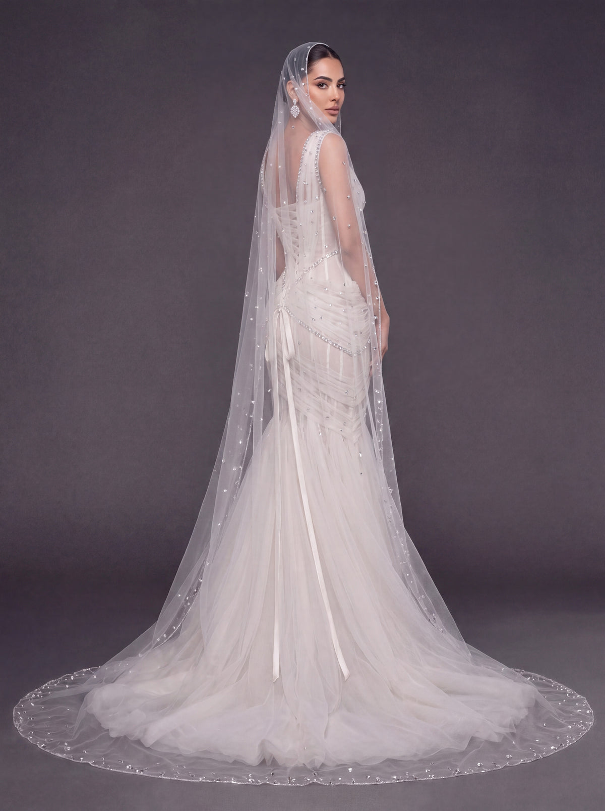 Ivory Draped Tulle Mermaid Wedding Gown & Cathedral Veil – Crystal Corset Bridal Dress with Deep V-Neckline & Cathedral Veil
