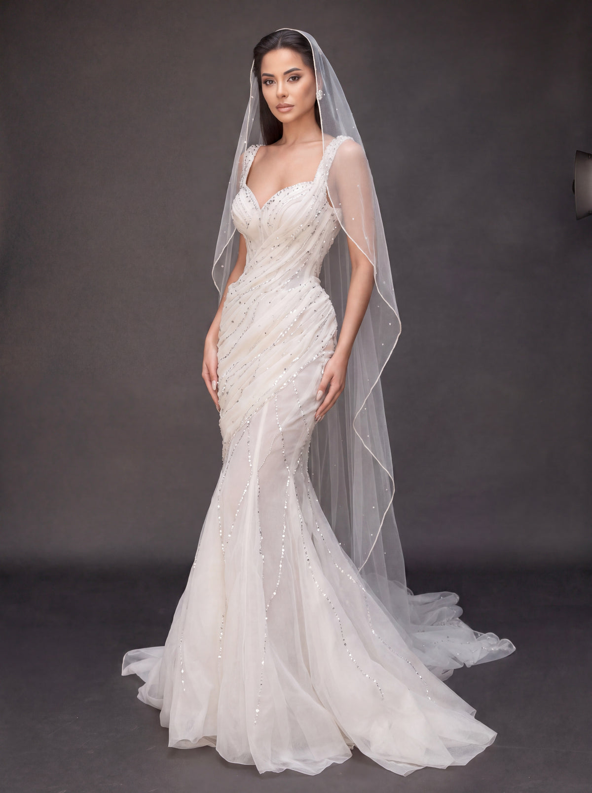 Ivory Draped Crystal Mermaid Wedding Gown & Veil – Sweetheart Corset Bridal Dress with Beaded Straps & Veil