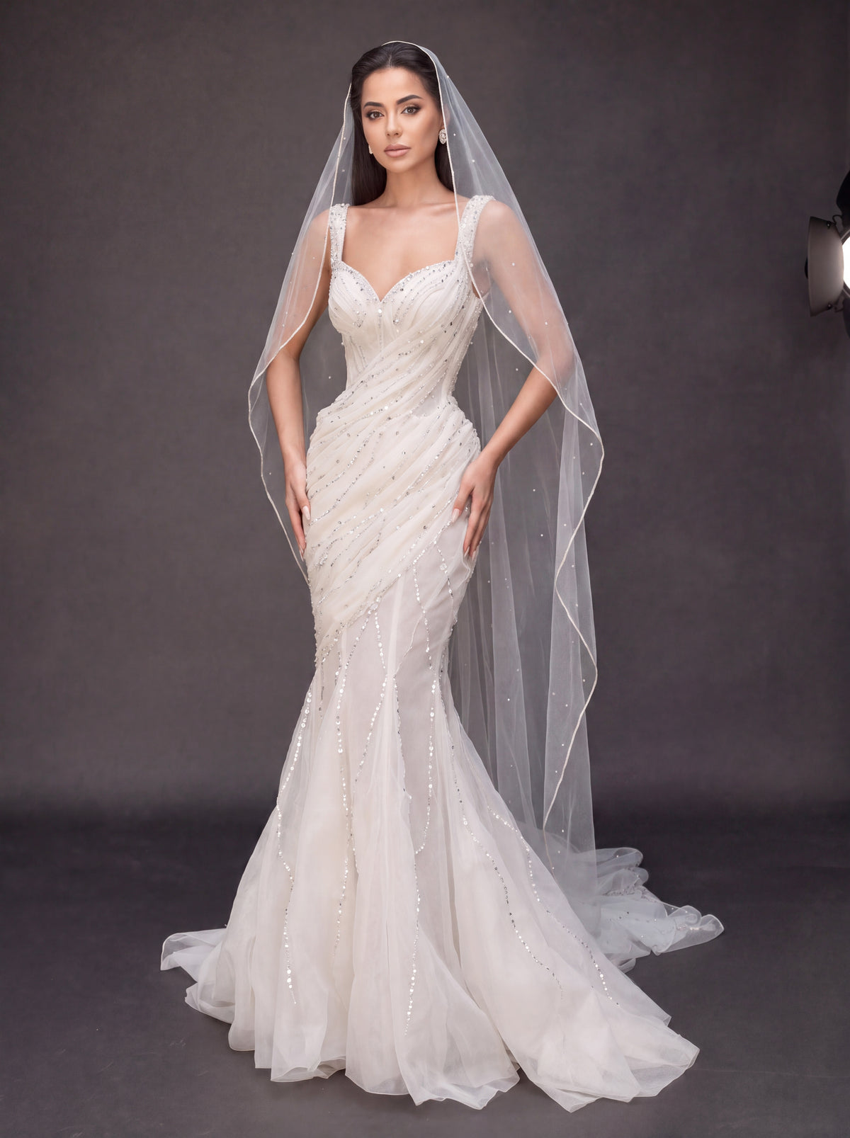 Ivory Draped Crystal Mermaid Wedding Gown & Veil – Sweetheart Corset Bridal Dress with Beaded Straps & Veil
