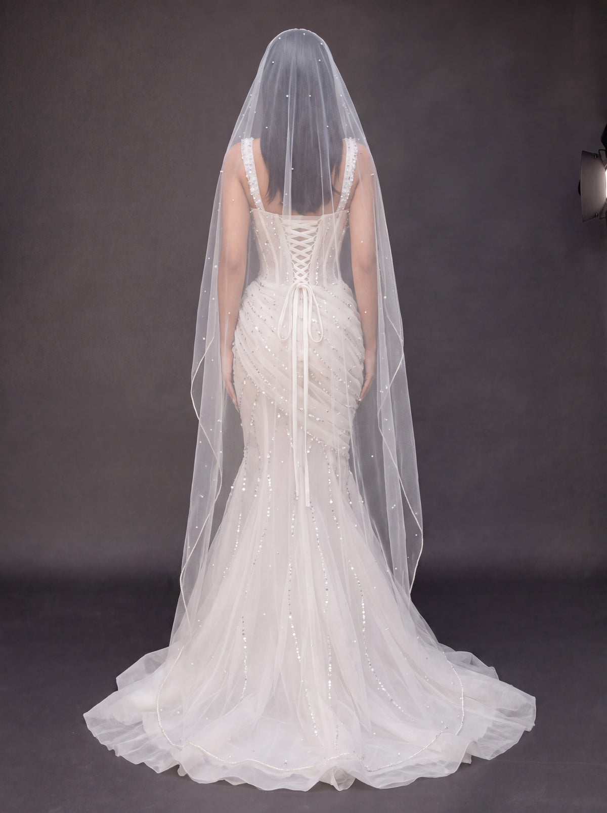 Ivory Draped Crystal Mermaid Wedding Gown & Veil – Sweetheart Corset Bridal Dress with Beaded Straps & Veil