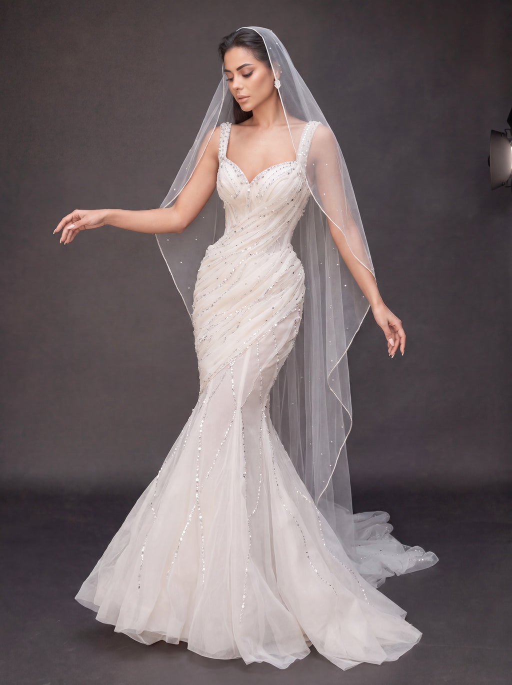 Ivory Draped Crystal Mermaid Wedding Gown & Veil – Sweetheart Corset Bridal Dress with Beaded Straps & Veil
