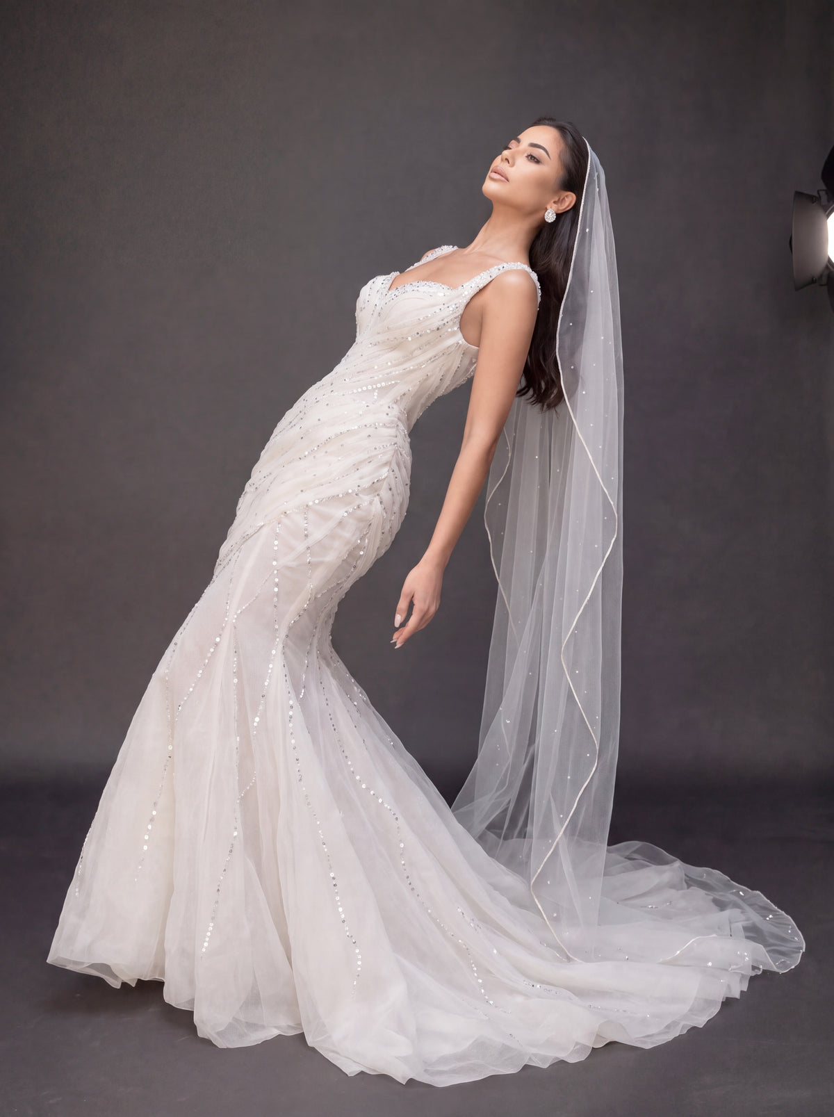 Ivory Draped Crystal Mermaid Wedding Gown & Veil – Sweetheart Corset Bridal Dress with Beaded Straps & Veil