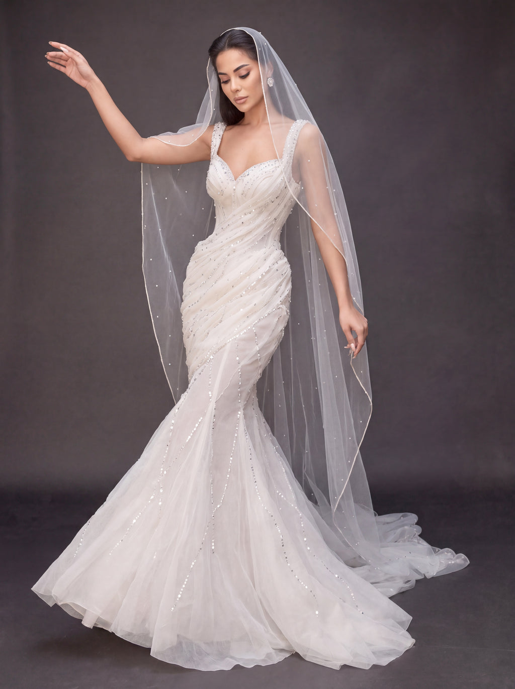 Ivory Draped Crystal Mermaid Wedding Gown & Veil – Sweetheart Corset Bridal Dress with Beaded Straps & Veil