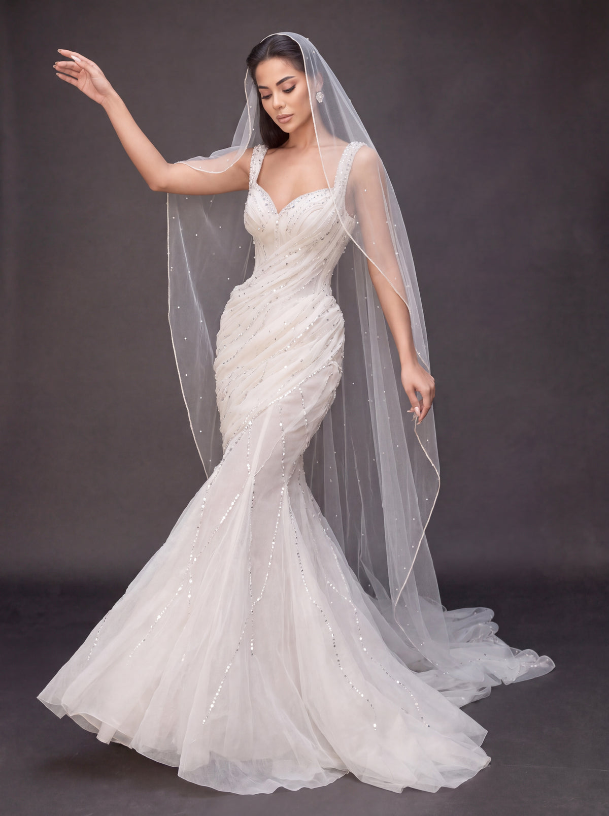 Ivory Draped Crystal Mermaid Wedding Gown & Veil – Sweetheart Corset Bridal Dress with Beaded Straps & Veil