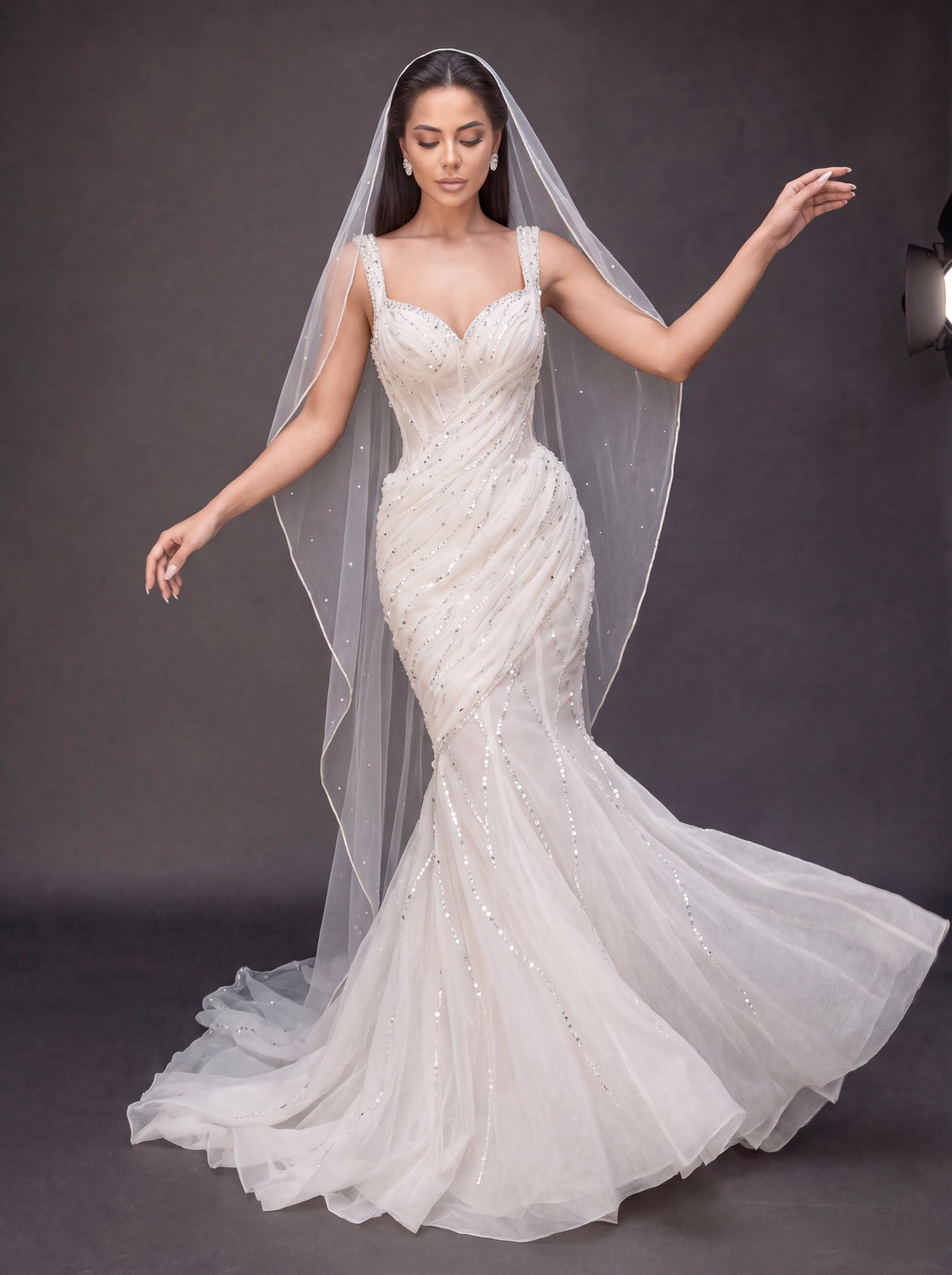 Ivory Draped Crystal Mermaid Wedding Gown & Veil – Sweetheart Corset Bridal Dress with Beaded Straps & Veil
