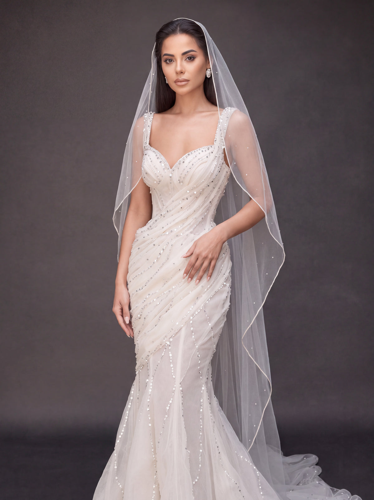 Ivory Draped Crystal Mermaid Wedding Gown & Veil – Sweetheart Corset Bridal Dress with Beaded Straps & Veil