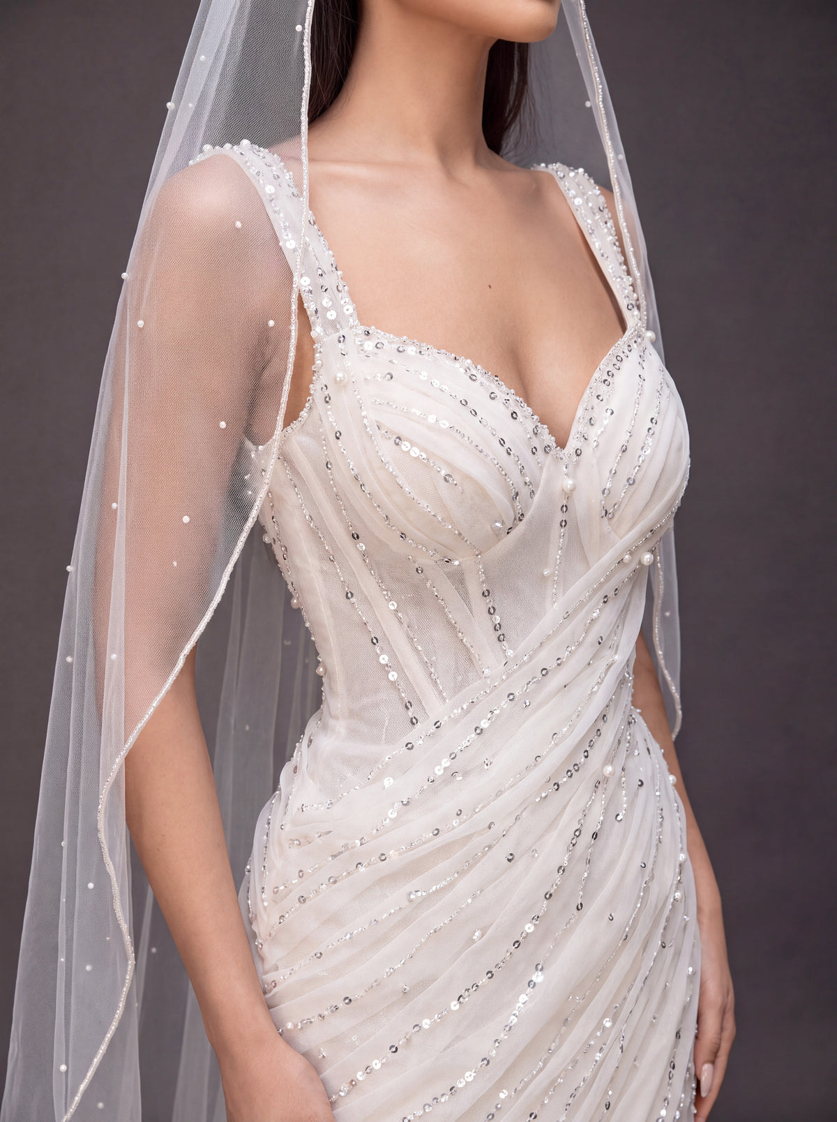 Ivory Draped Crystal Mermaid Wedding Gown & Veil – Sweetheart Corset Bridal Dress with Beaded Straps & Veil