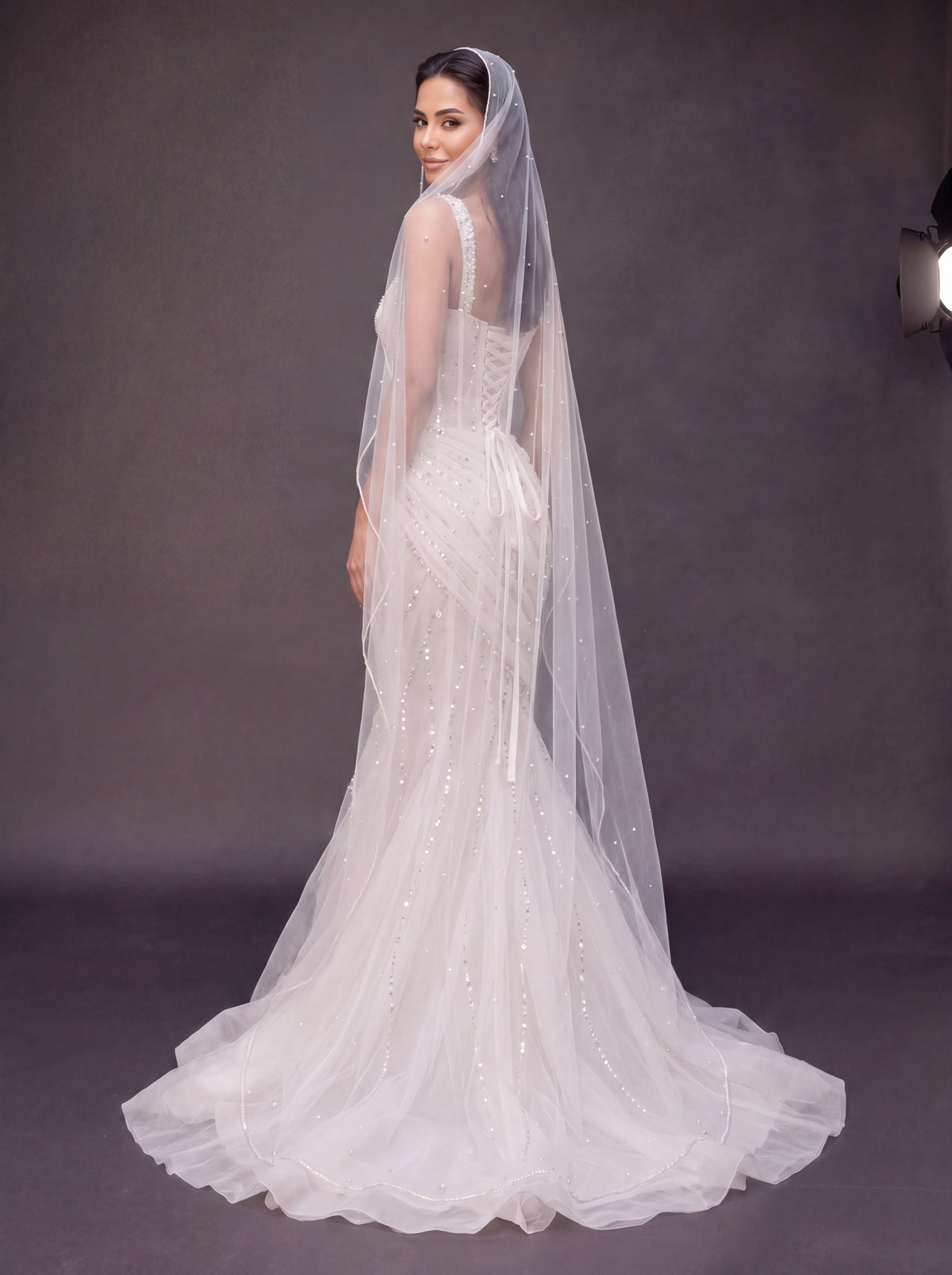 Ivory Draped Crystal Mermaid Wedding Gown & Veil – Sweetheart Corset Bridal Dress with Beaded Straps & Veil