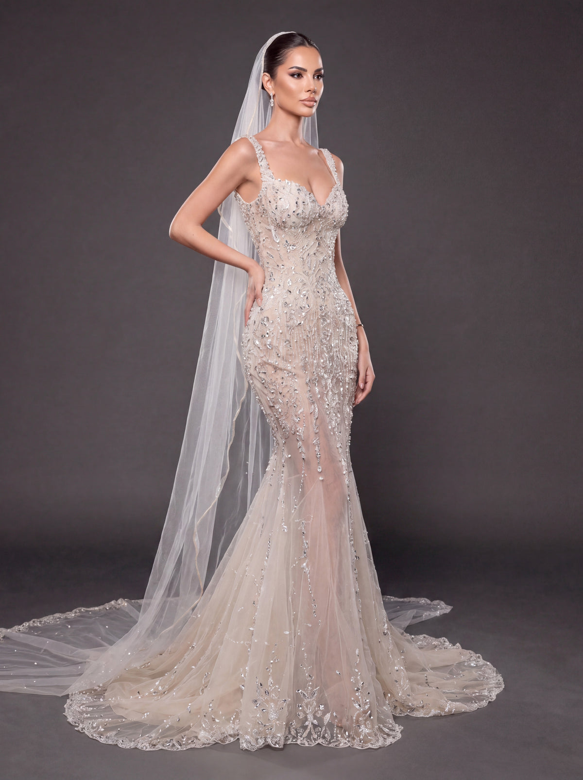Champagne Nude Crystal Embellished Mermaid Wedding Gown with Cathedral Veil – Sweetheart Corset Bridal Dress with Cathedral Veil