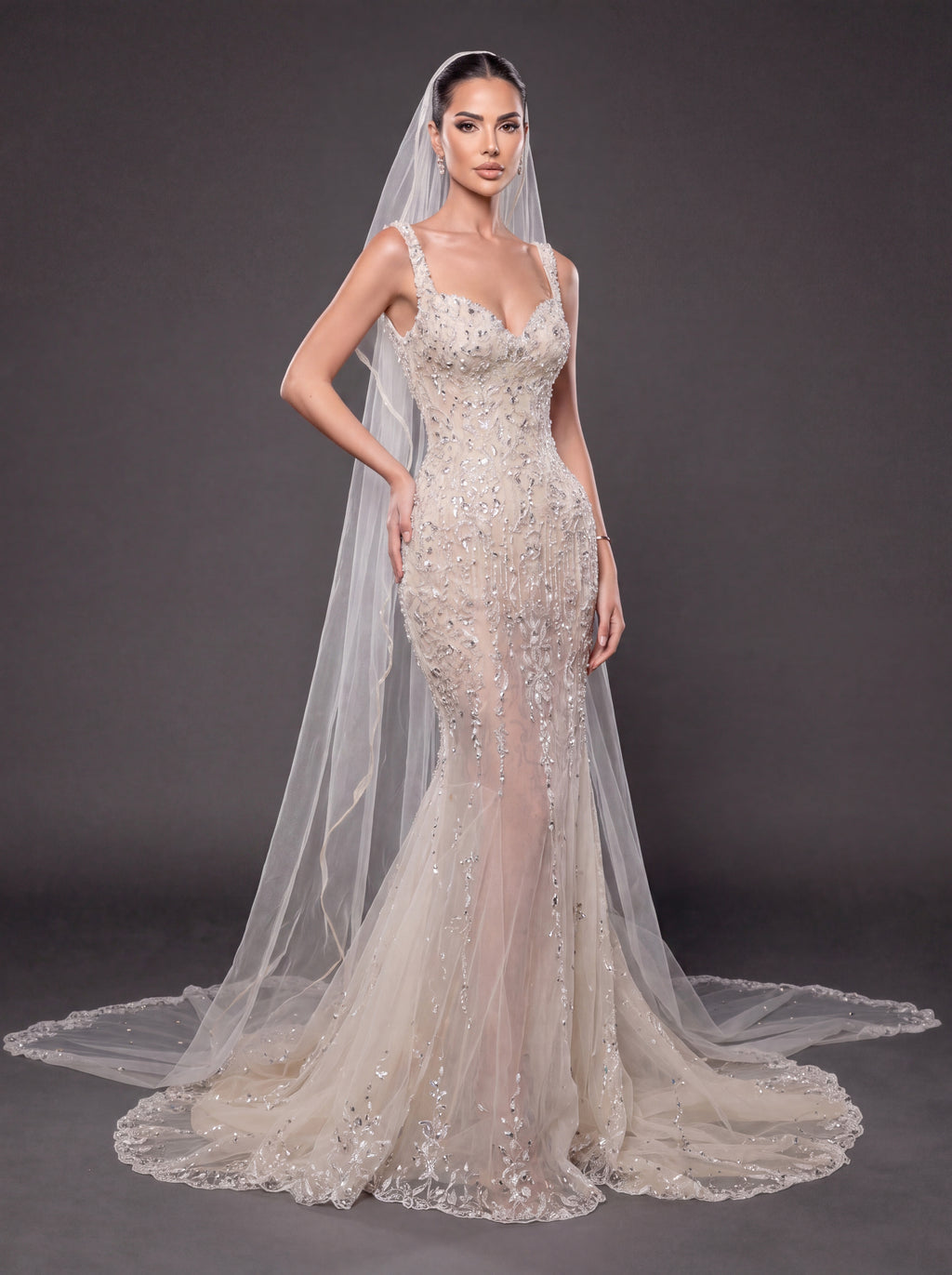 Champagne Nude Crystal Embellished Mermaid Wedding Gown with Cathedral Veil – Sweetheart Corset Bridal Dress with Cathedral Veil