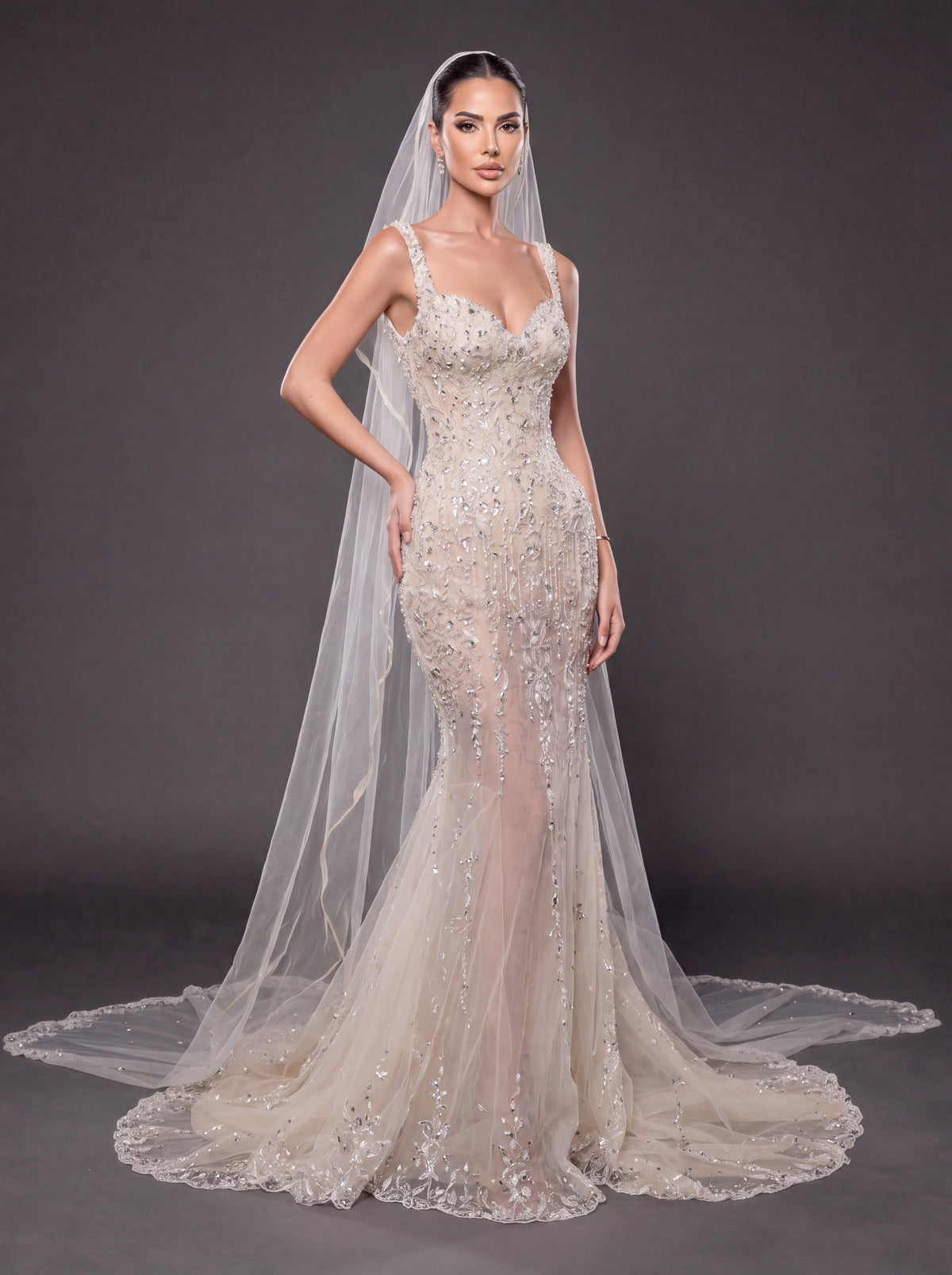Champagne Nude Crystal Embellished Mermaid Wedding Gown with Cathedral Veil – Sweetheart Corset Bridal Dress with Cathedral Veil