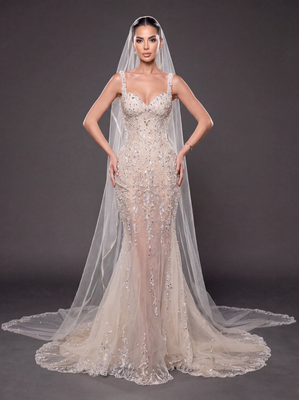 Champagne Nude Crystal Embellished Mermaid Wedding Gown with Cathedral Veil – Sweetheart Corset Bridal Dress with Cathedral Veil