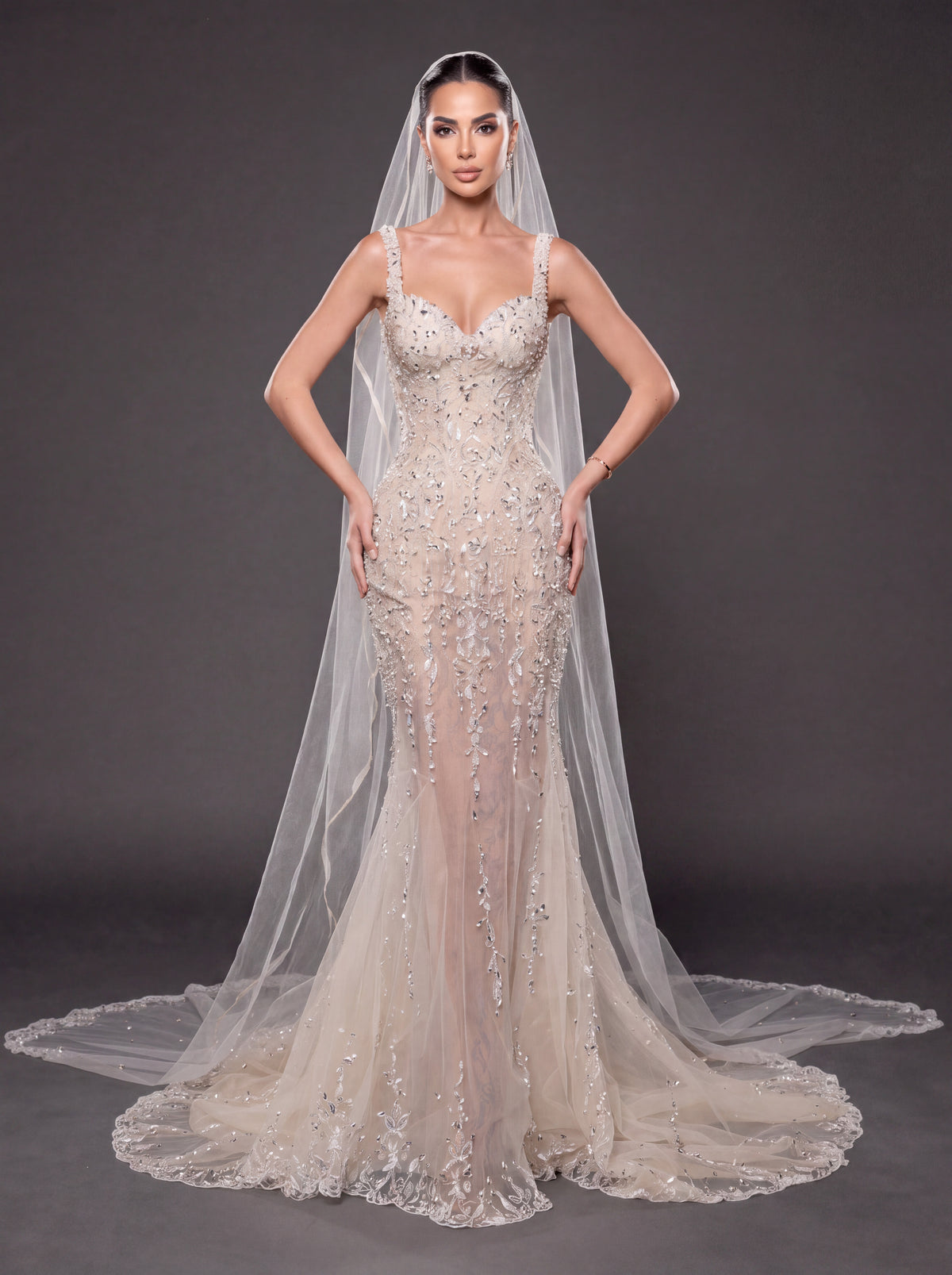 Champagne Nude Crystal Embellished Mermaid Wedding Gown with Cathedral Veil – Sweetheart Corset Bridal Dress with Cathedral Veil