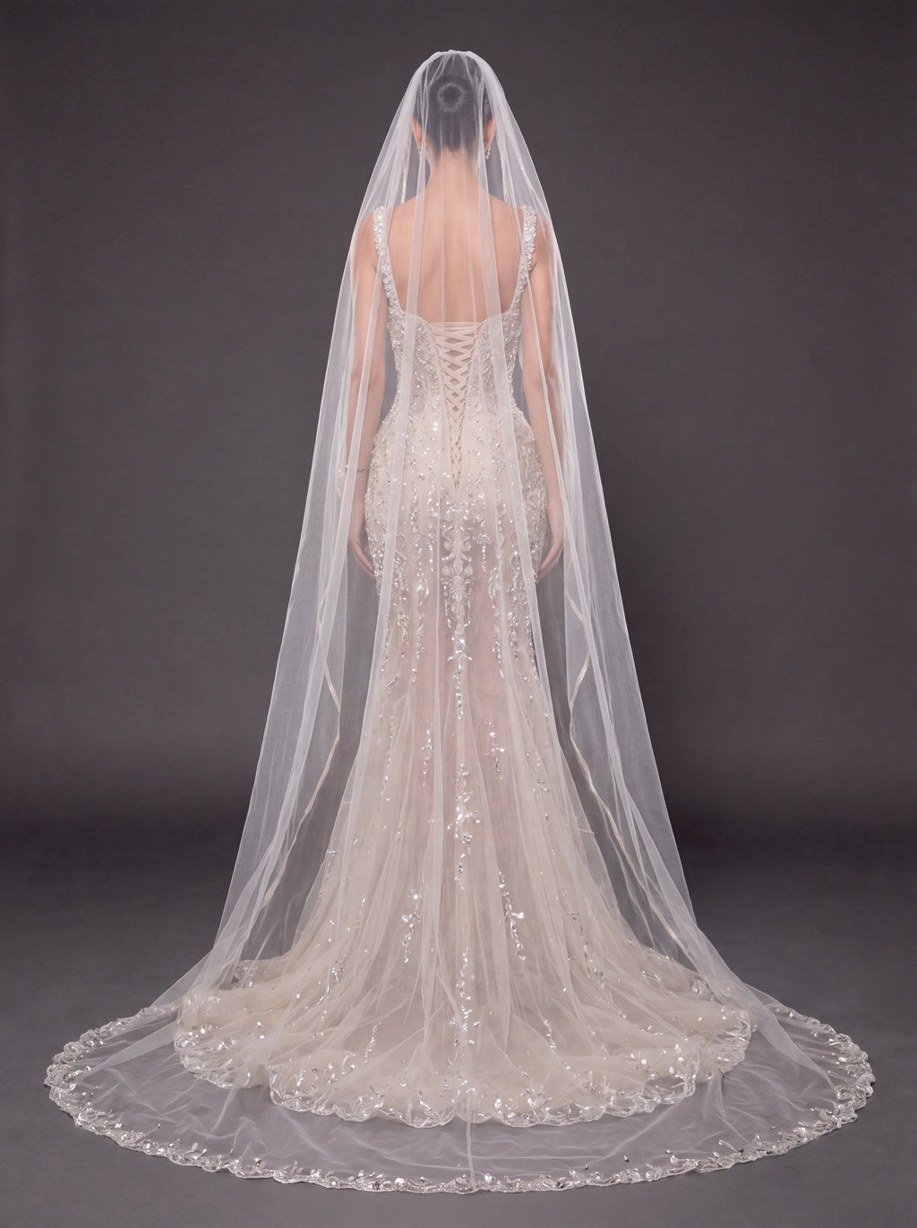 Champagne Nude Crystal Embellished Mermaid Wedding Gown with Cathedral Veil – Sweetheart Corset Bridal Dress with Cathedral Veil