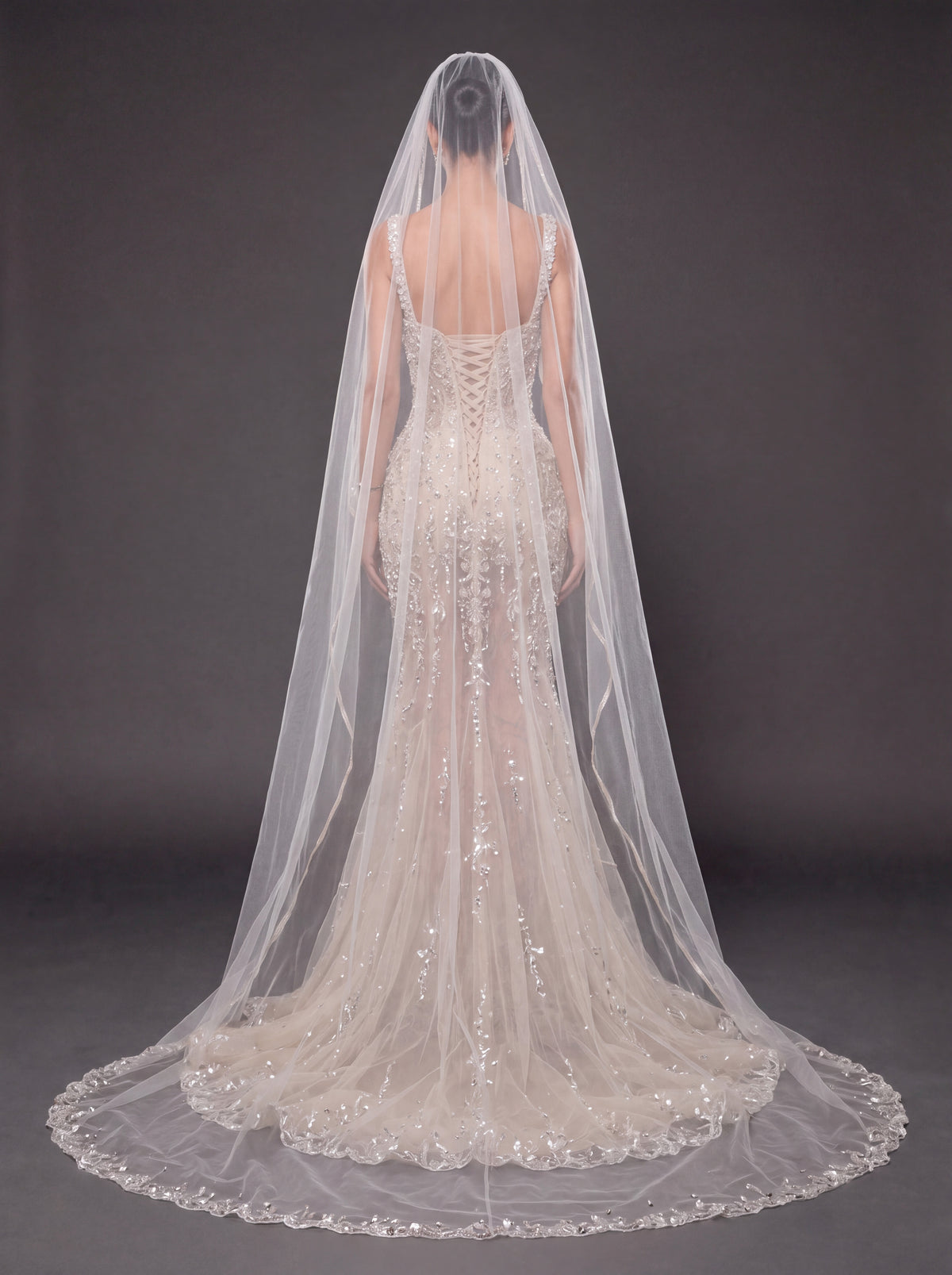 Champagne Nude Crystal Embellished Mermaid Wedding Gown with Cathedral Veil – Sweetheart Corset Bridal Dress with Cathedral Veil