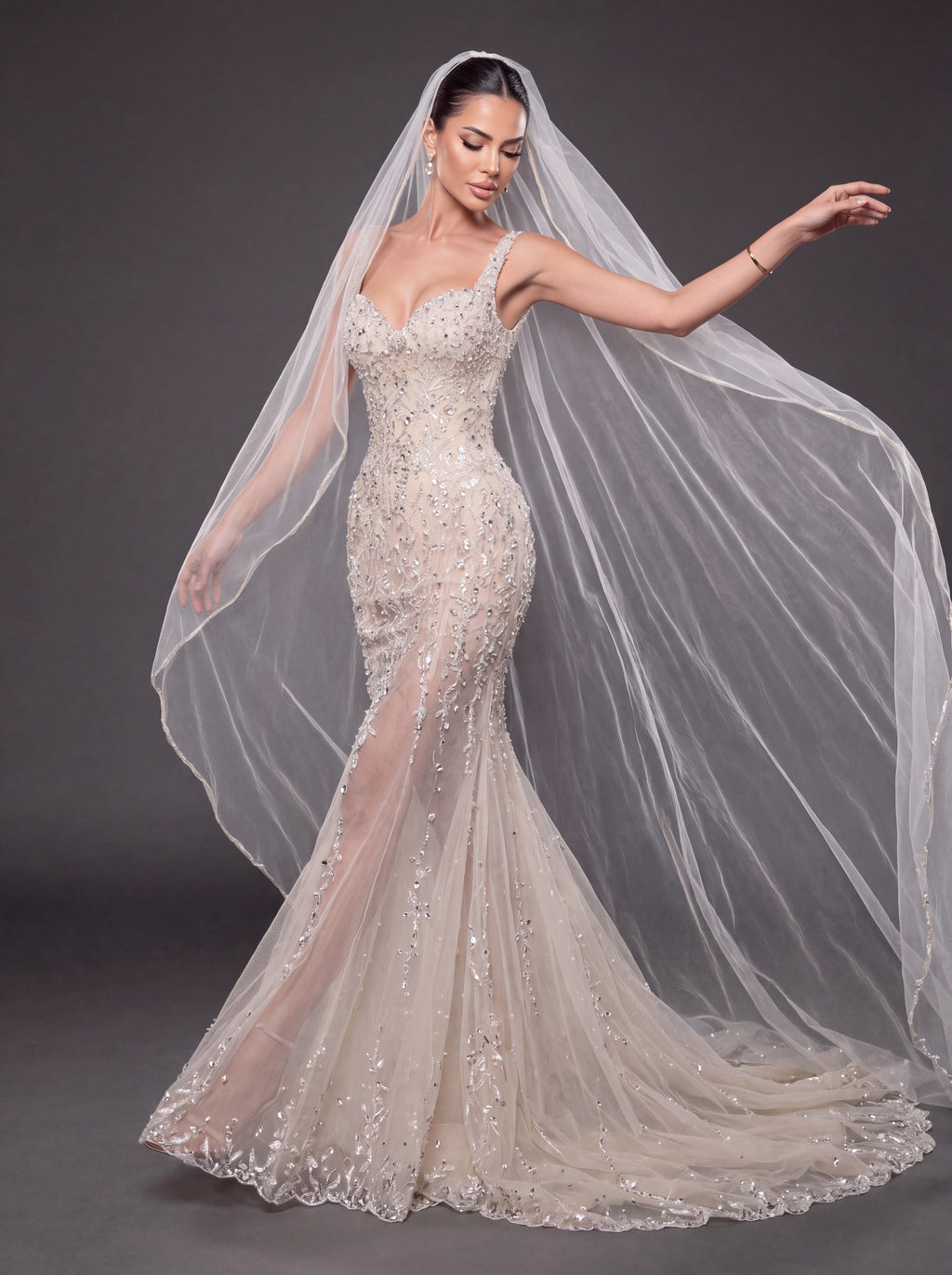 Champagne Nude Crystal Embellished Mermaid Wedding Gown with Cathedral Veil – Sweetheart Corset Bridal Dress with Cathedral Veil