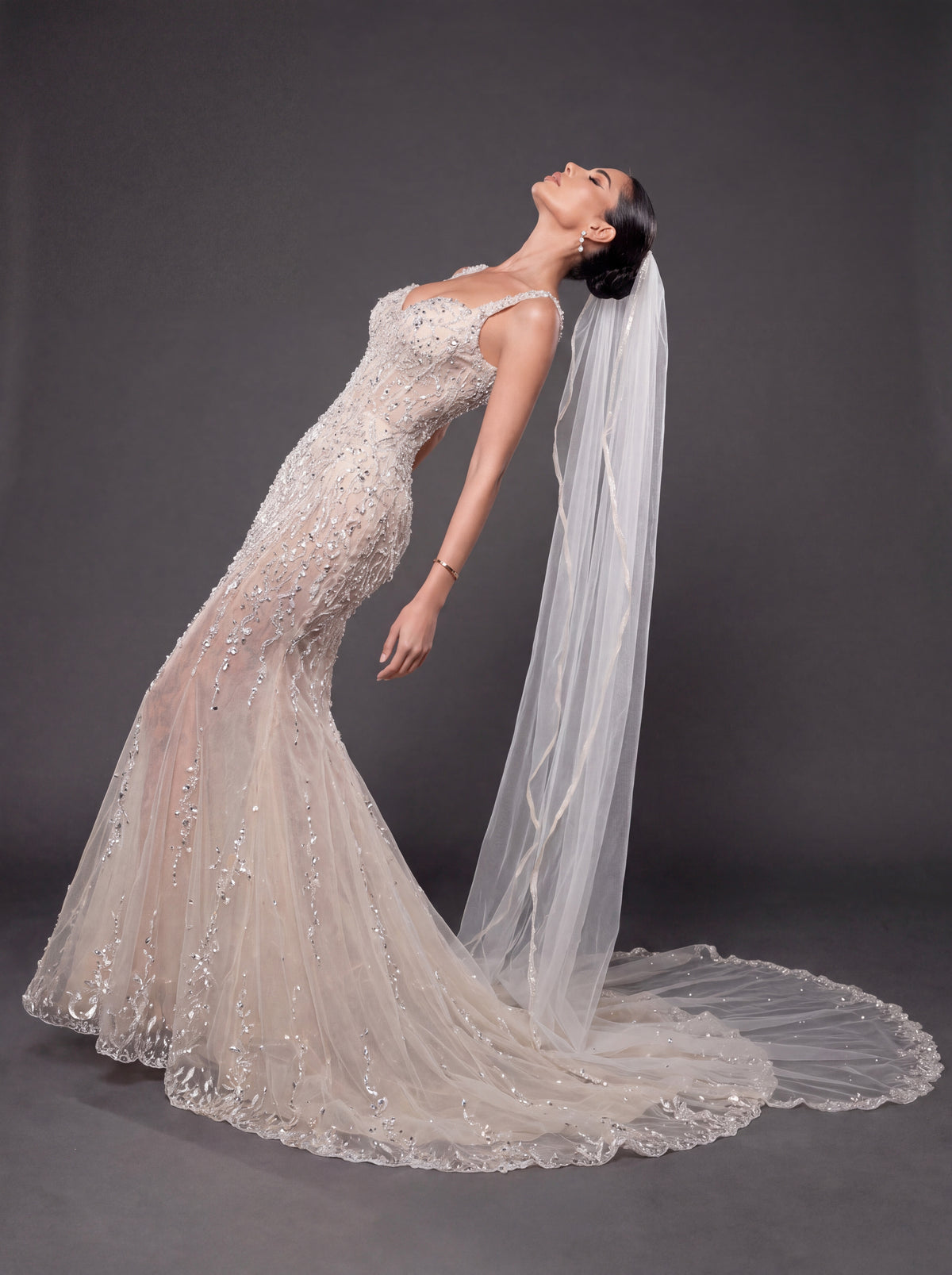Champagne Nude Crystal Embellished Mermaid Wedding Gown with Cathedral Veil – Sweetheart Corset Bridal Dress with Cathedral Veil