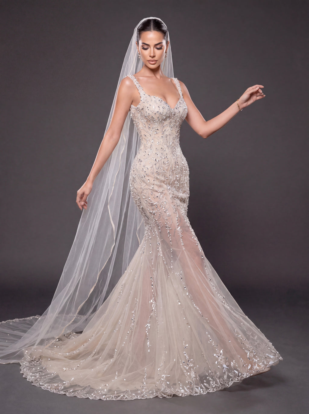 Champagne Nude Crystal Embellished Mermaid Wedding Gown with Cathedral Veil – Sweetheart Corset Bridal Dress with Cathedral Veil
